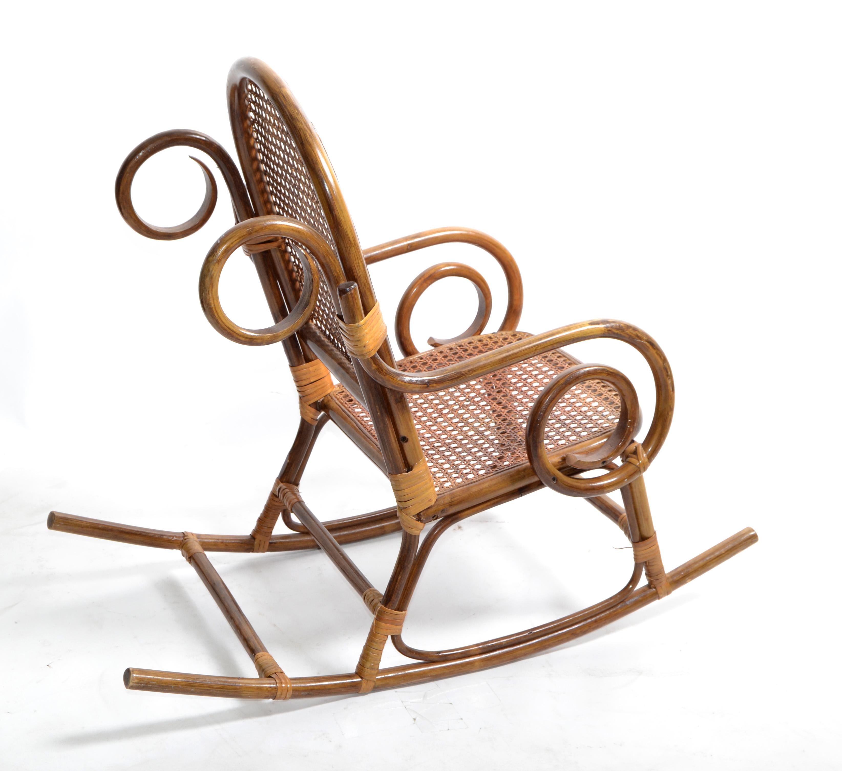 Mid-Century Modern Bohemian Chic Style Bamboo & Cane Children Rocking Chair 1960 For Sale 3