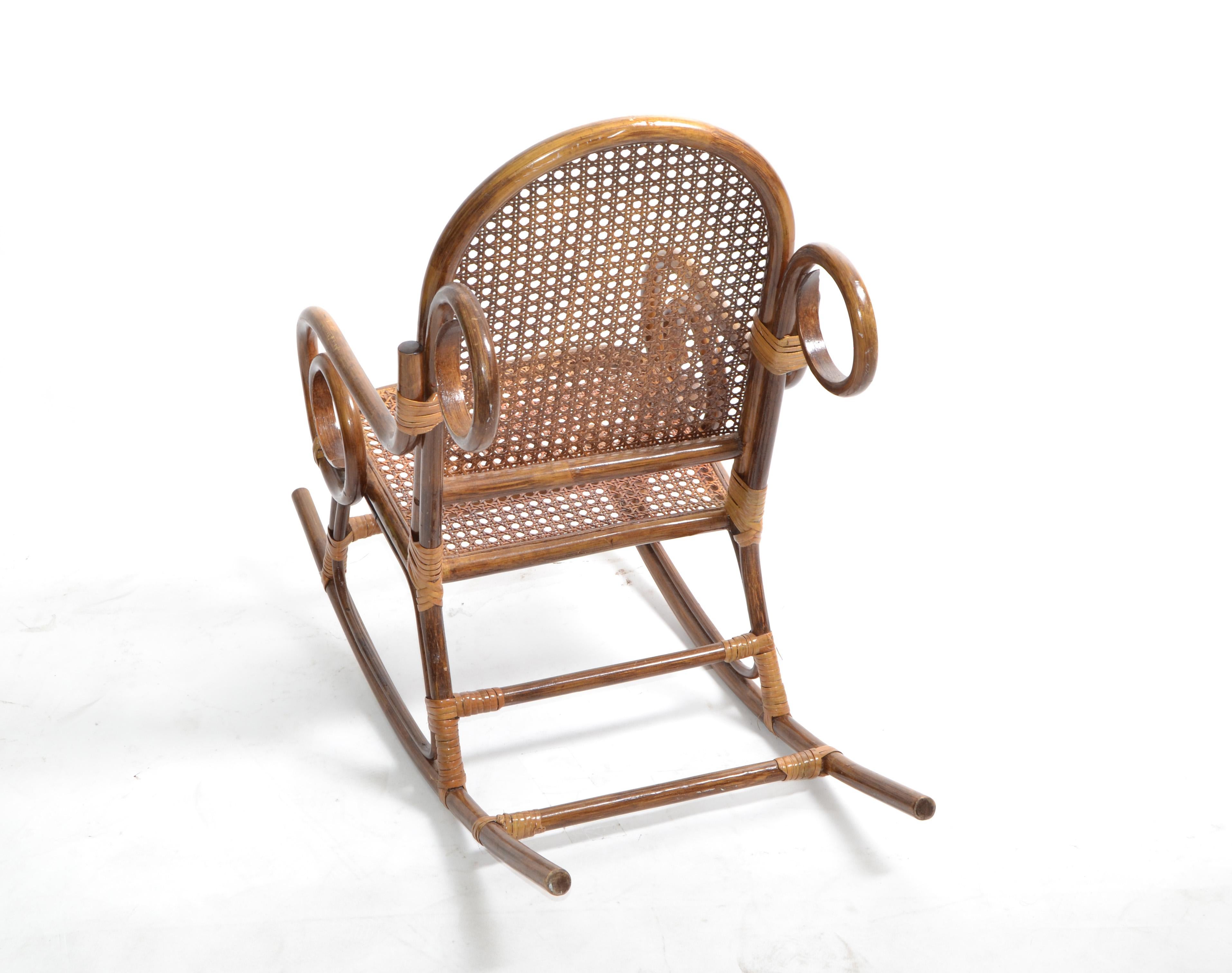 Mid-Century Modern Bohemian Chic Style Bamboo & Cane Children Rocking Chair 1960 For Sale 4