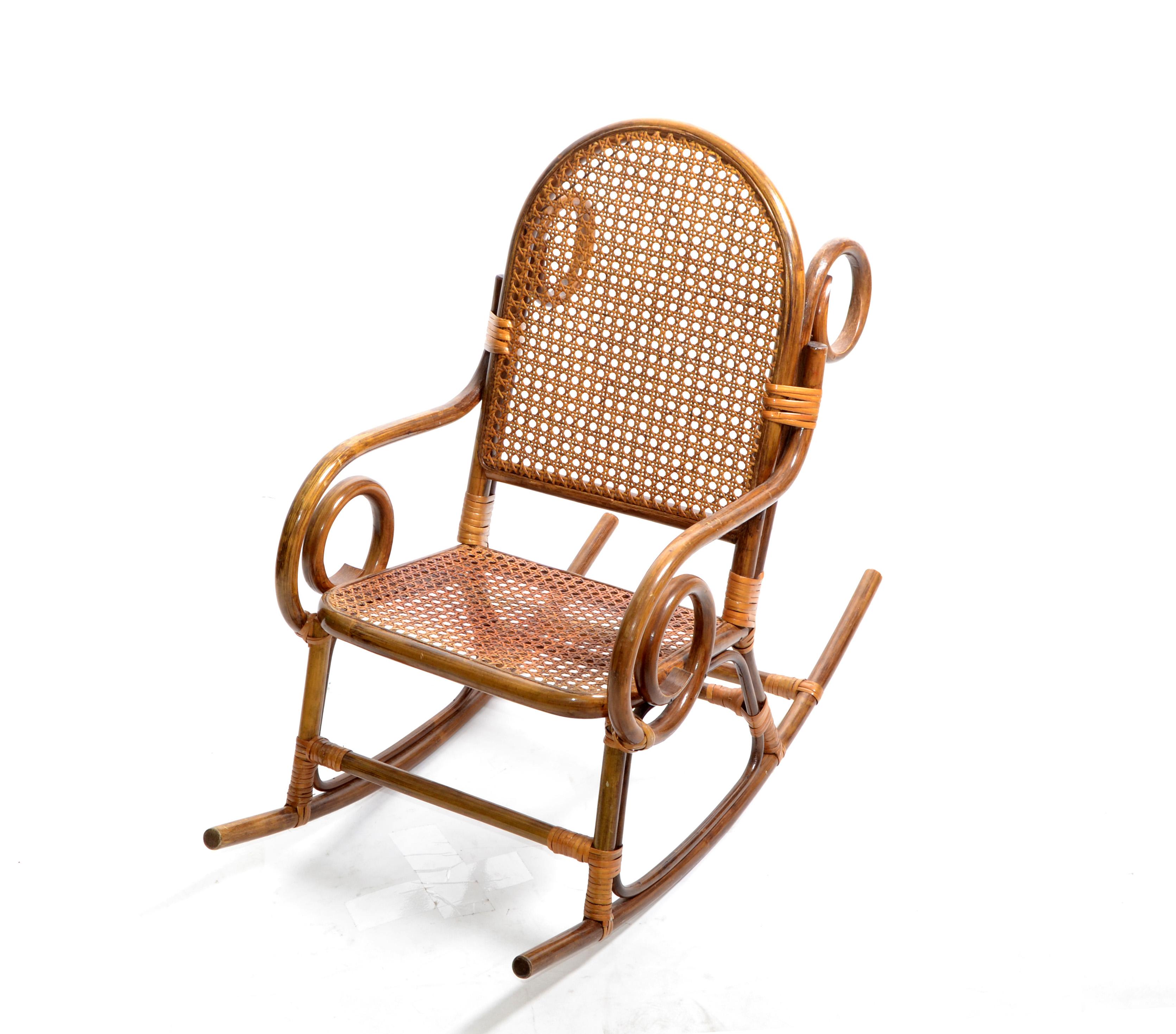 Mid-Century Modern Bohemian Chic Style Bamboo & Cane Children Rocking Chair 1960 For Sale 5
