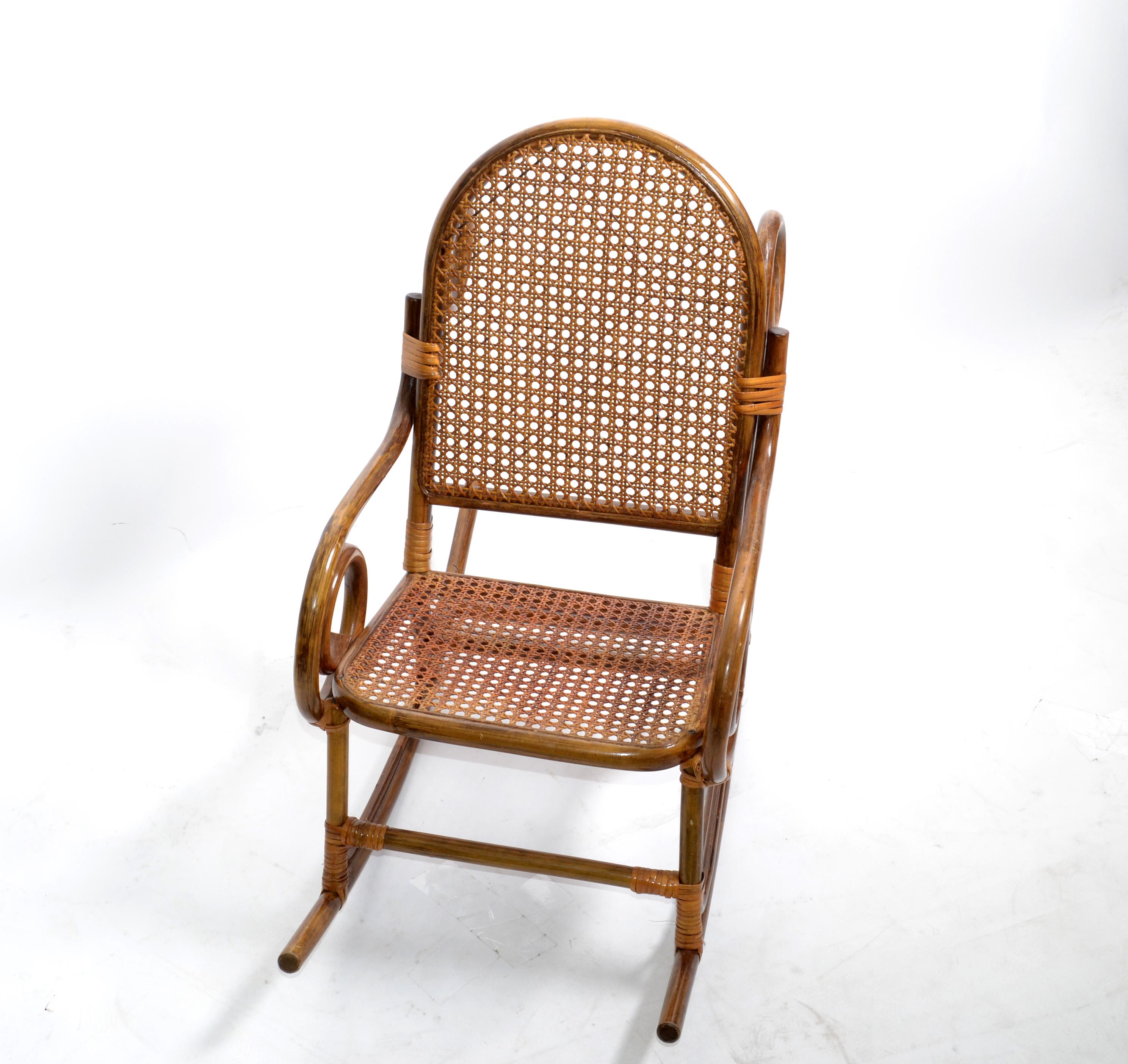 American Mid-Century Modern Bohemian Chic Style Bamboo & Cane Children Rocking Chair 1960 For Sale