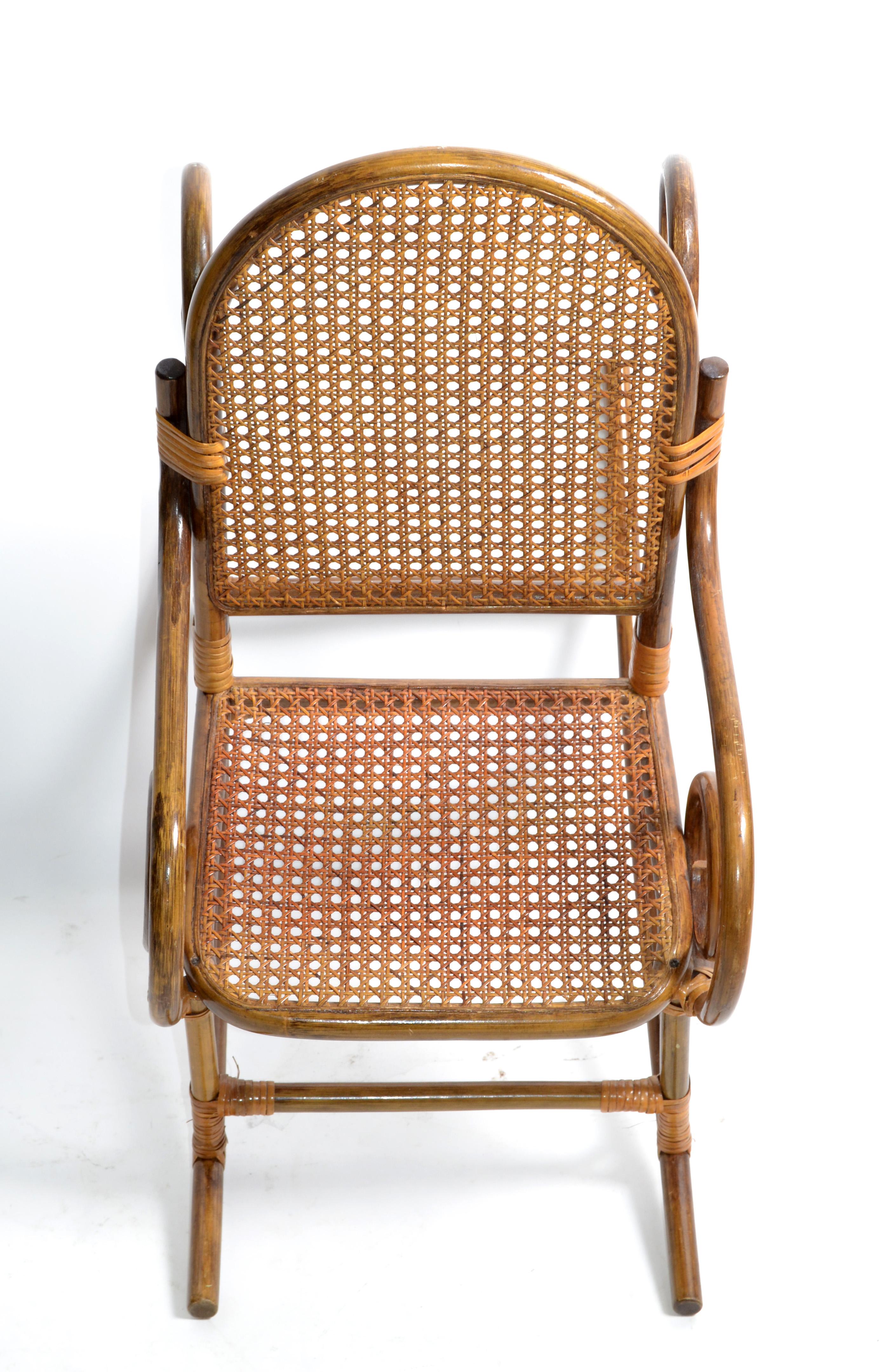 Hand-Woven Mid-Century Modern Bohemian Chic Style Bamboo & Cane Children Rocking Chair 1960 For Sale
