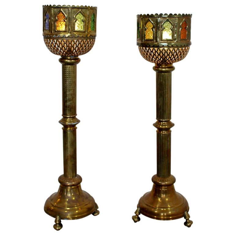 MidCentury Modern Bohemian Moroccan Brass Pair of Floor Lamps at