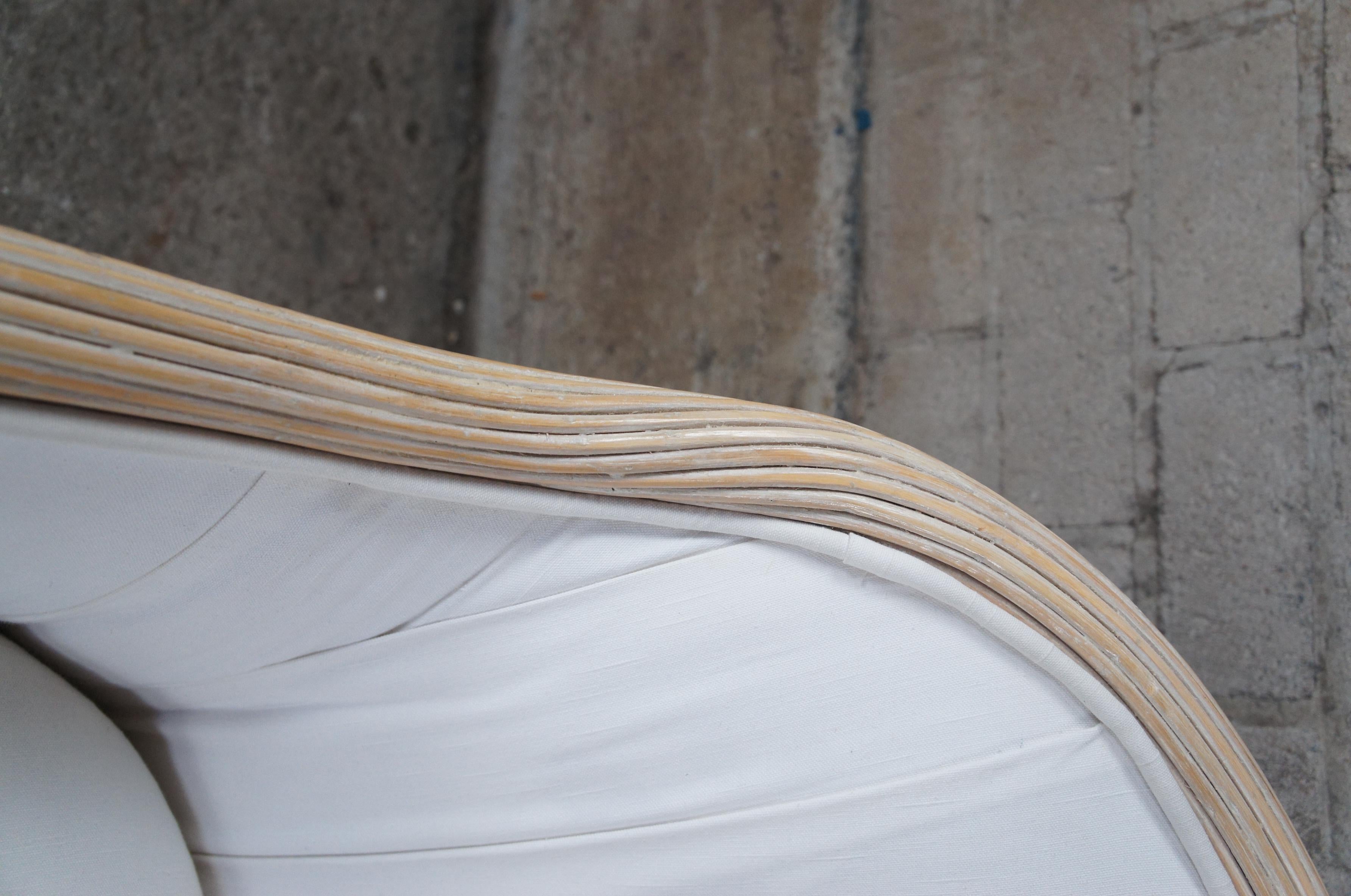 Fabric Mid-Century Modern Bohemian Rattan & Split Reed Barrel Back Loveseat Sofa Chic For Sale