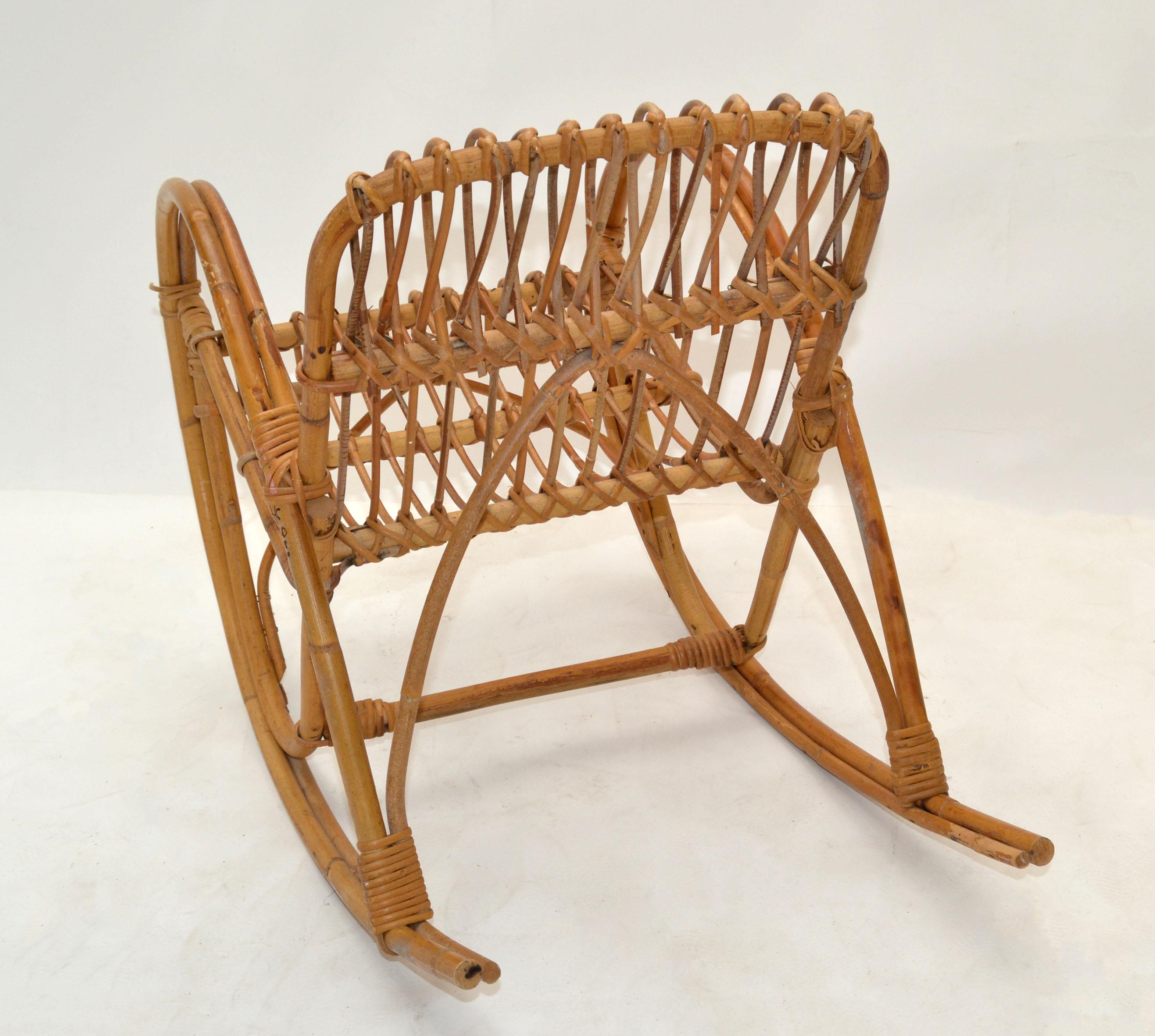 Mid-Century Modern Bohemian Style Bamboo, Cane & Wicker Children Rocking Chair For Sale 4