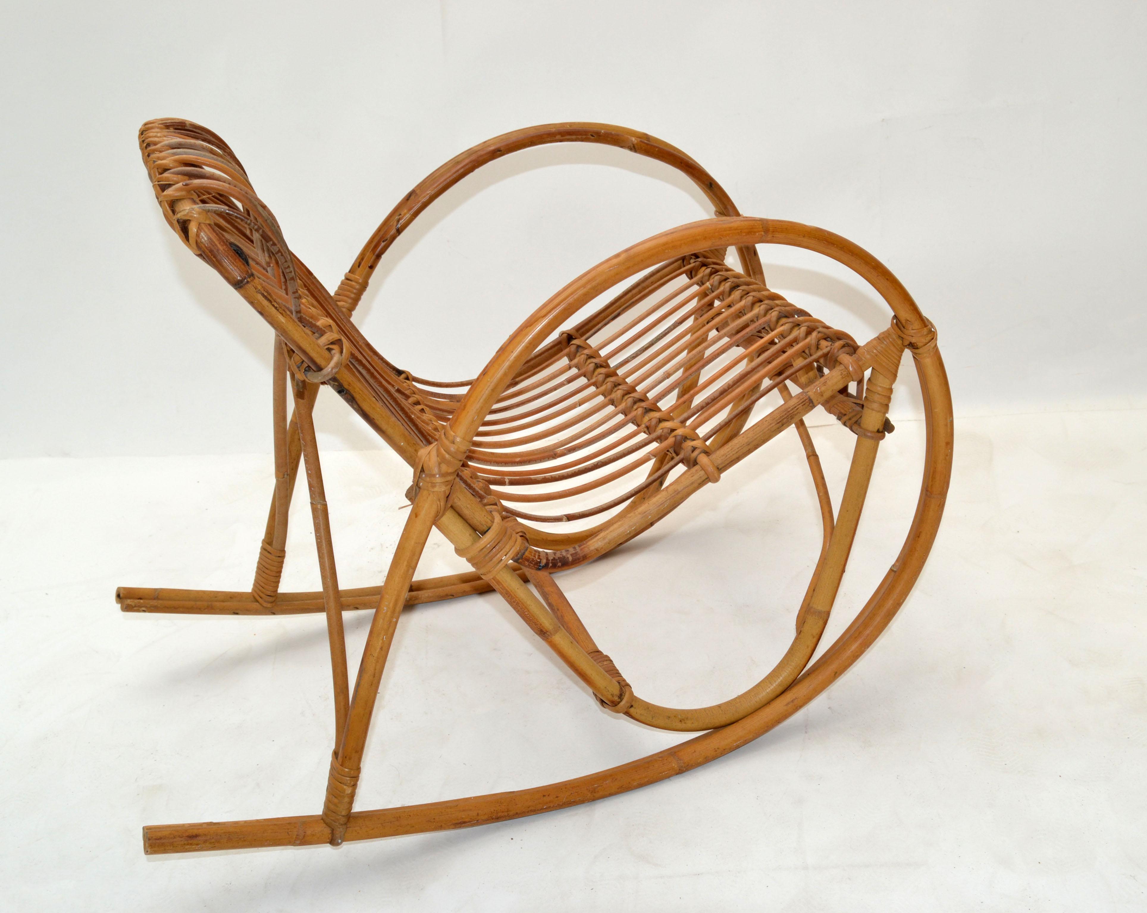 Mid-Century Modern Bohemian Style Bamboo, Cane & Wicker Children Rocking Chair For Sale 6