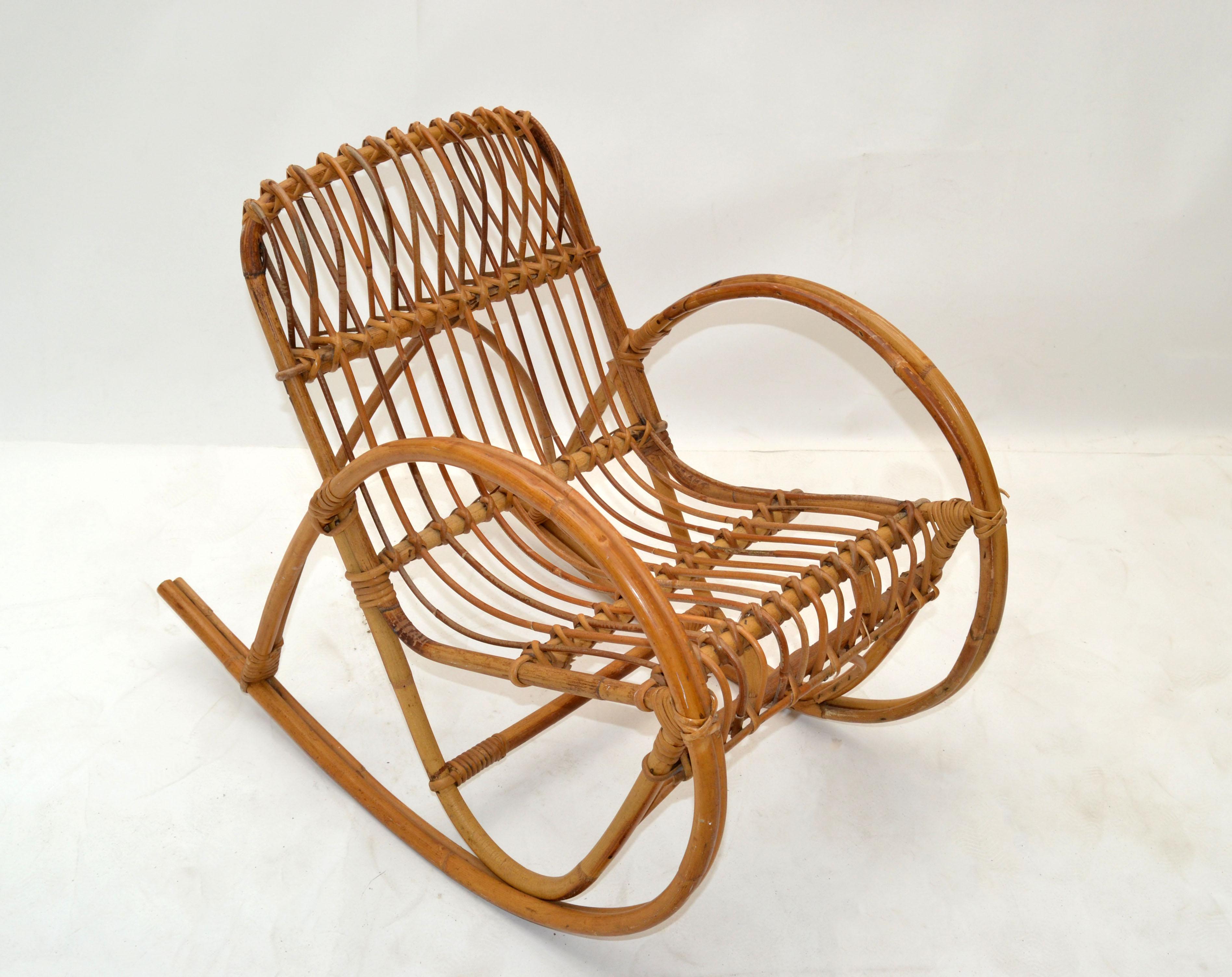 American Mid-Century Modern Bohemian Style Bamboo, Cane & Wicker Children Rocking Chair For Sale