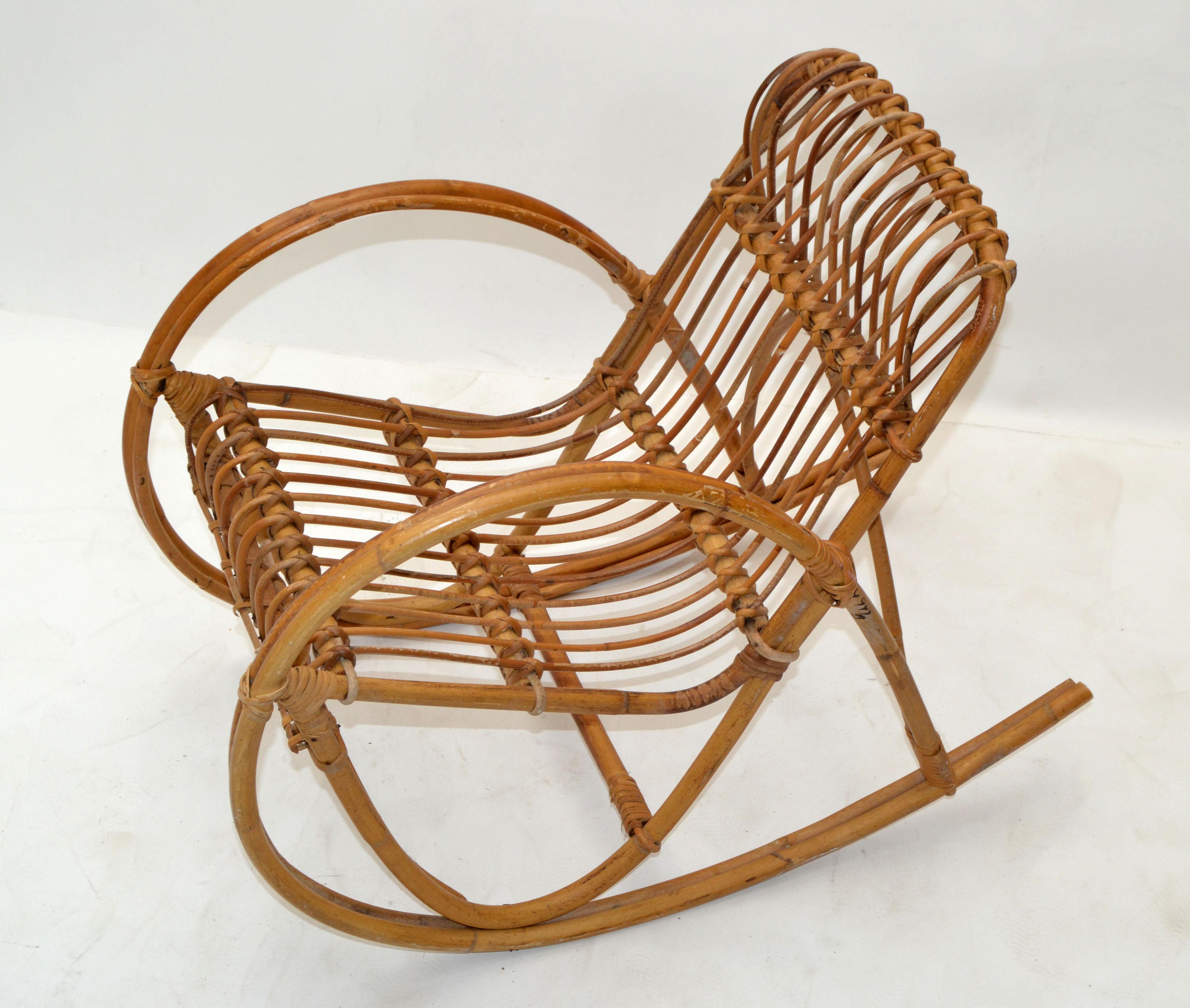 Hand-Woven Mid-Century Modern Bohemian Style Bamboo, Cane & Wicker Children Rocking Chair For Sale