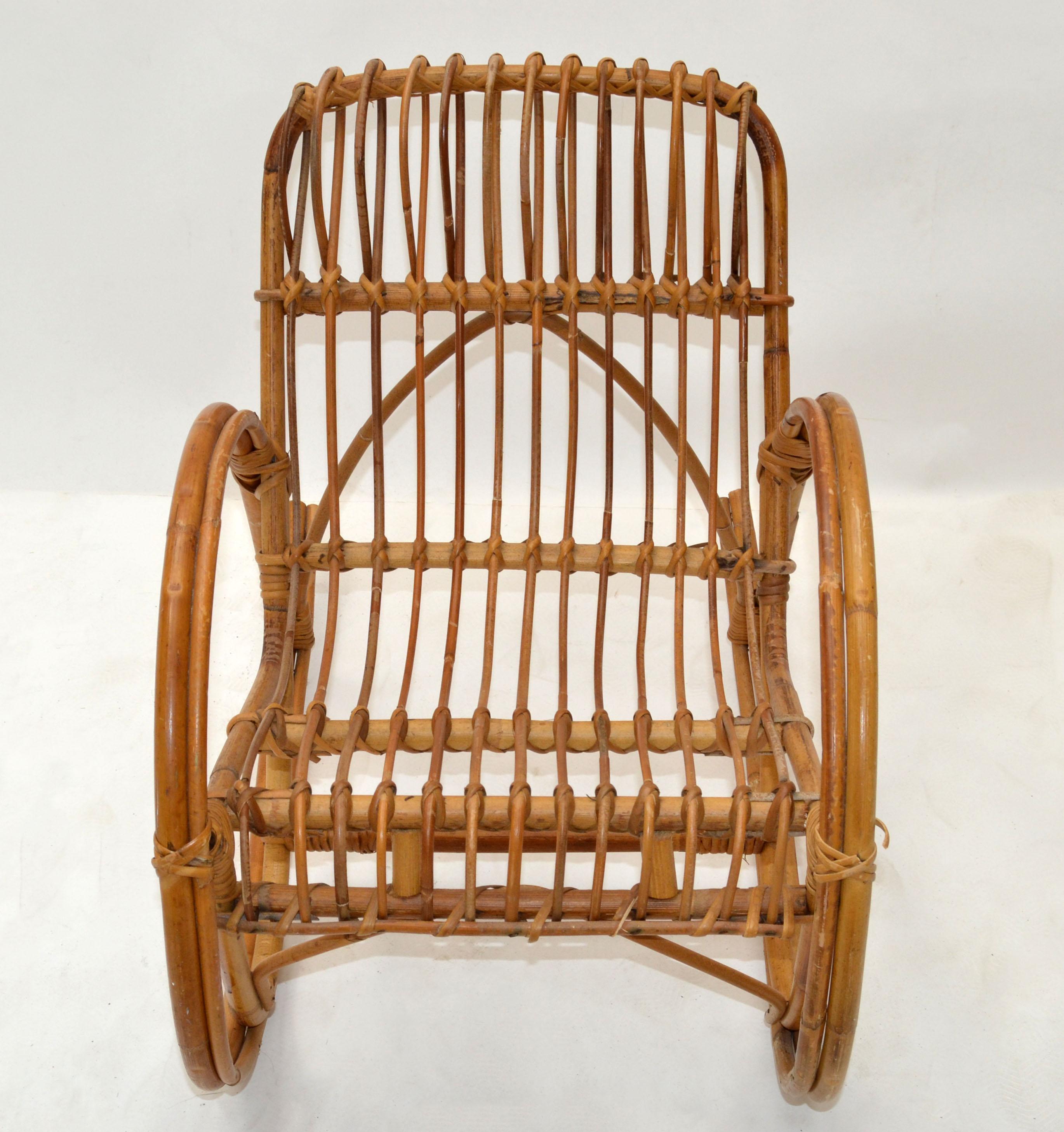 Mid-Century Modern Bohemian Style Bamboo, Cane & Wicker Children Rocking Chair In Good Condition For Sale In Miami, FL