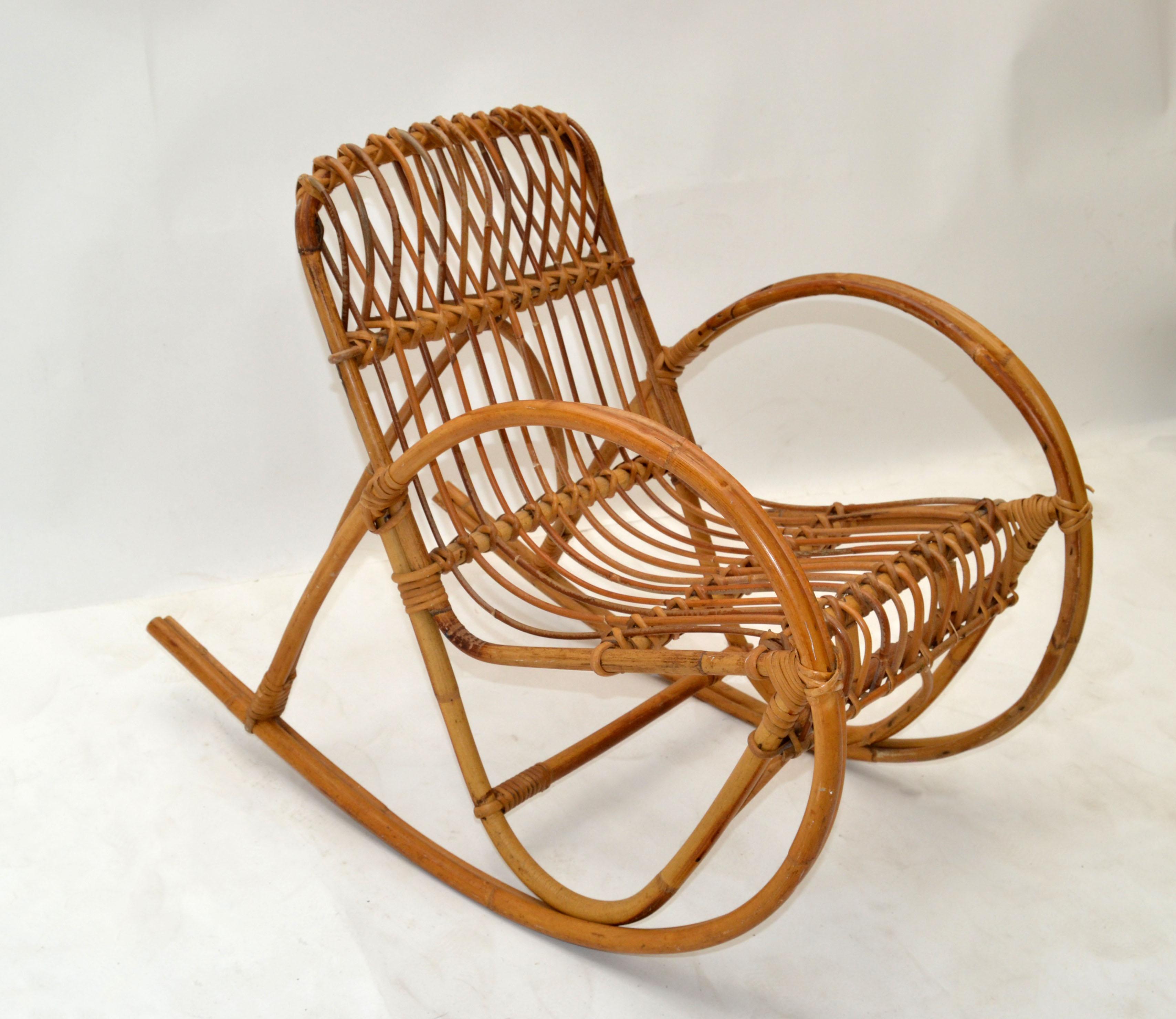 20th Century Mid-Century Modern Bohemian Style Bamboo, Cane & Wicker Children Rocking Chair For Sale