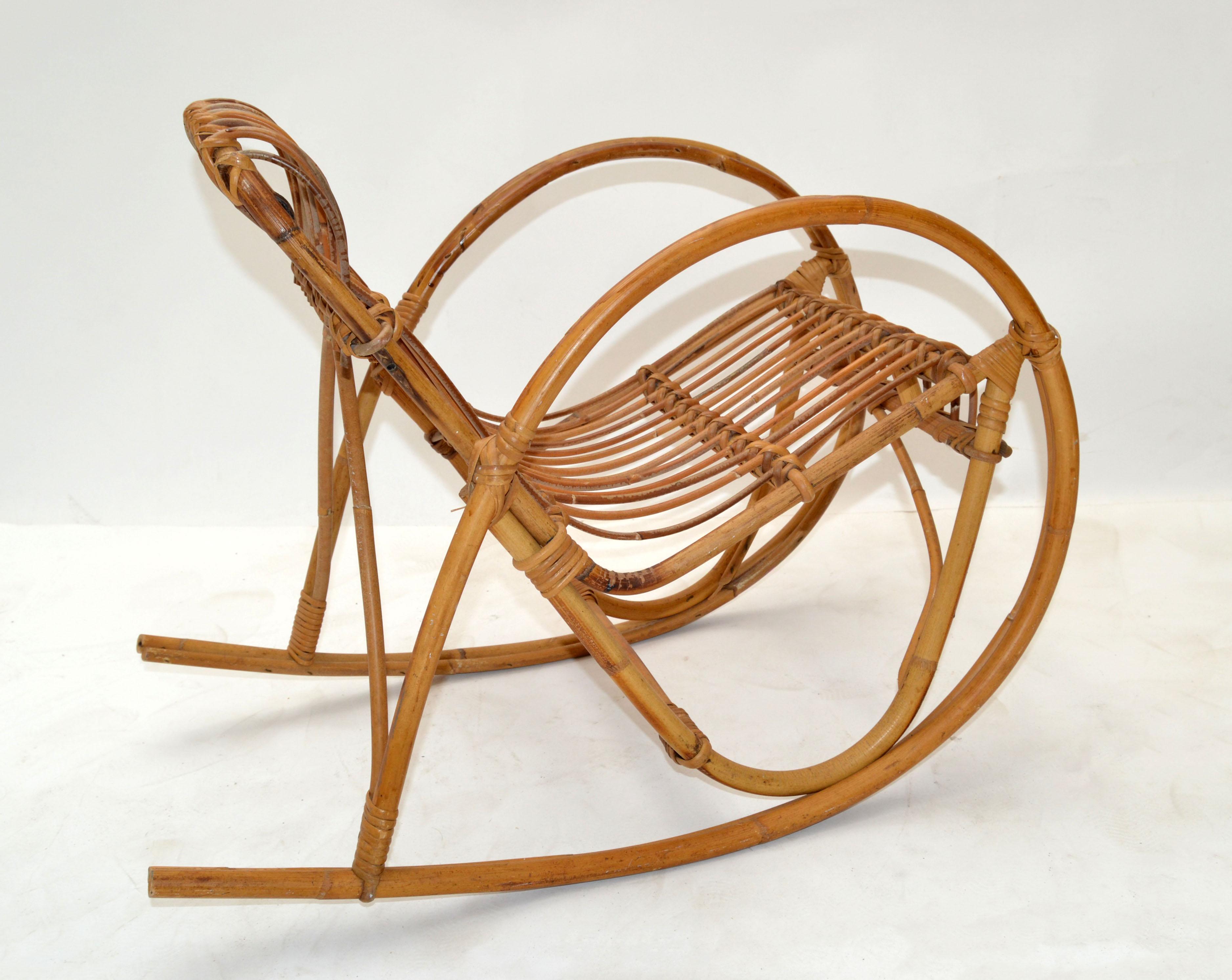 Mid-Century Modern Bohemian Style Bamboo, Cane & Wicker Children Rocking Chair For Sale 1