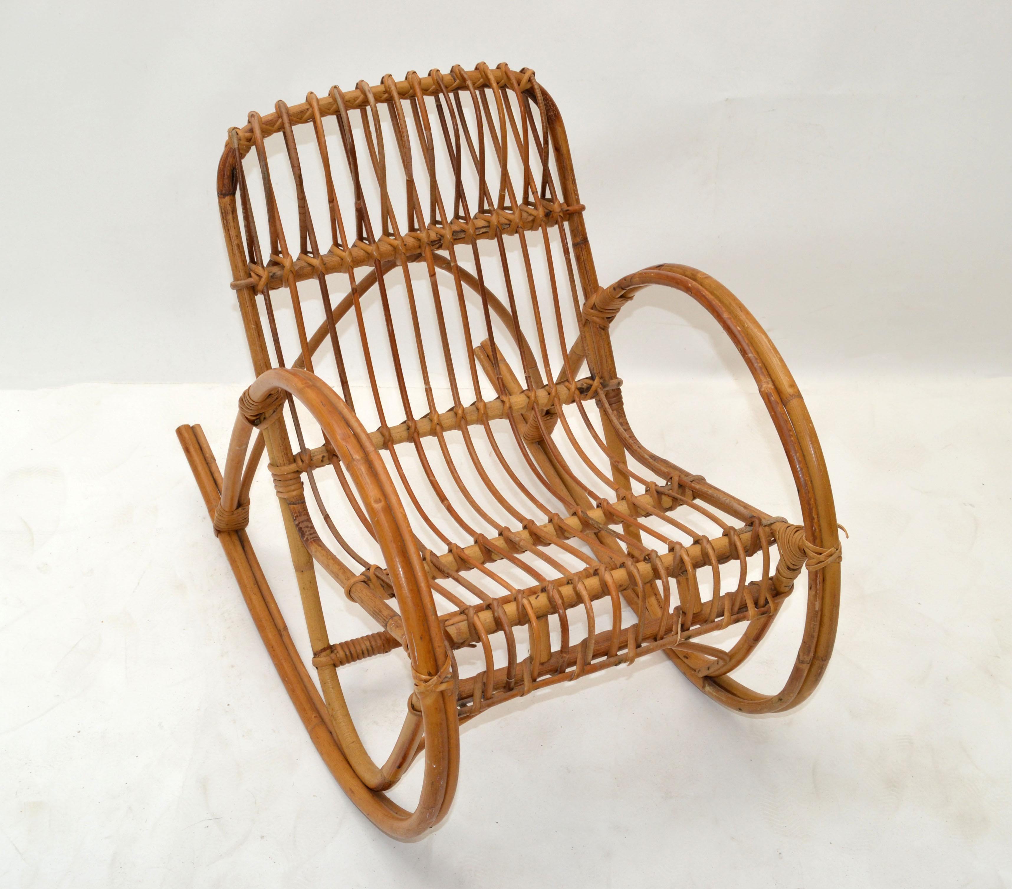 Mid-Century Modern Bohemian Style Bamboo, Cane & Wicker Children Rocking Chair For Sale 2