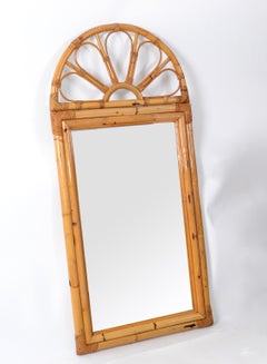 Mid-Century Modern Coastal Bohemian Tan Arch Bamboo and Rattan Wall Mirror 1970