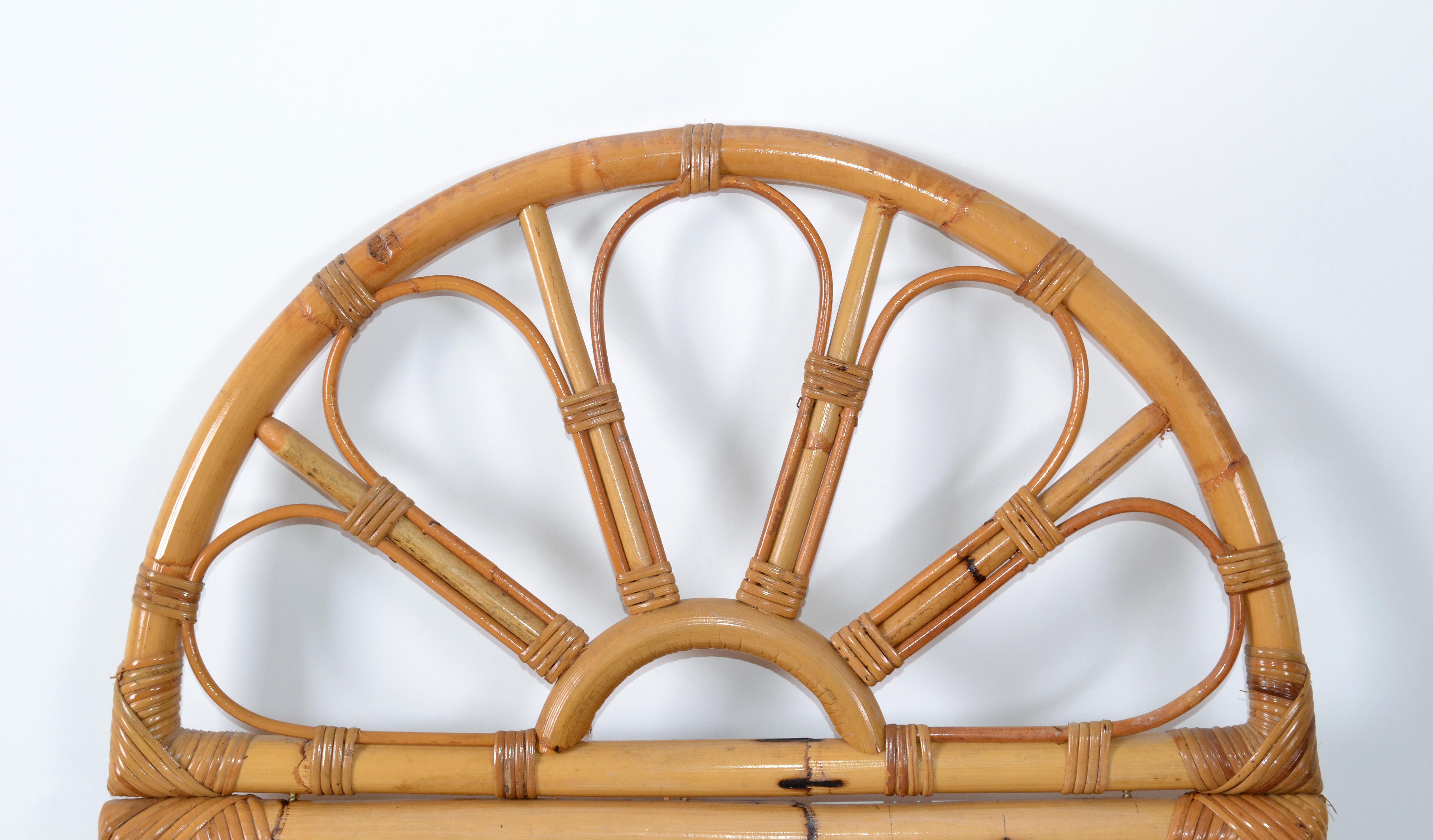 Mid-Century Modern Coastal Bohemian Tan Arch Bamboo and Rattan Wall Mirror 1970 In Good Condition For Sale In Miami, FL