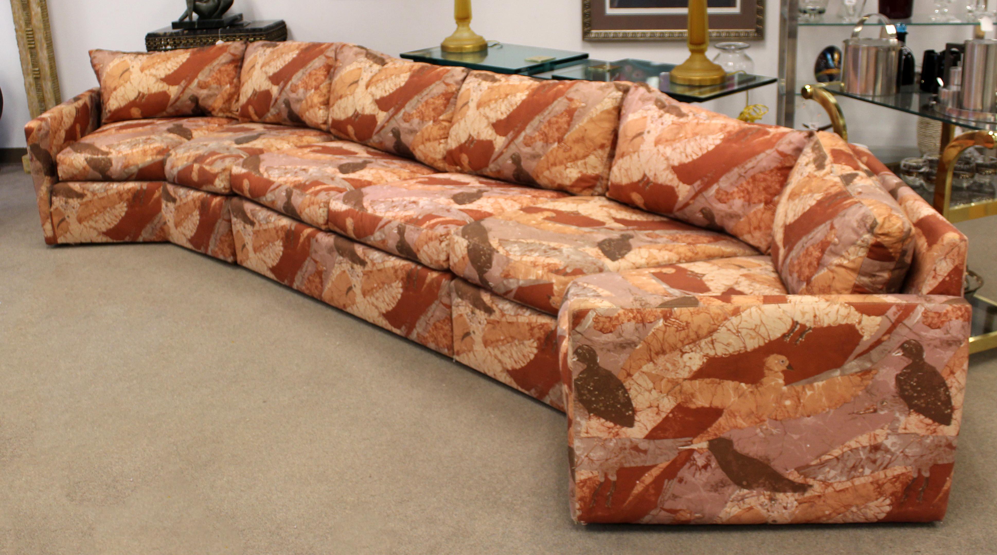 For your consideration is a fabulous, three-piece sectional sofa, with a batik bird fabric, circa 1970s. In very good vintage condition. The dimensions of each piece are 59