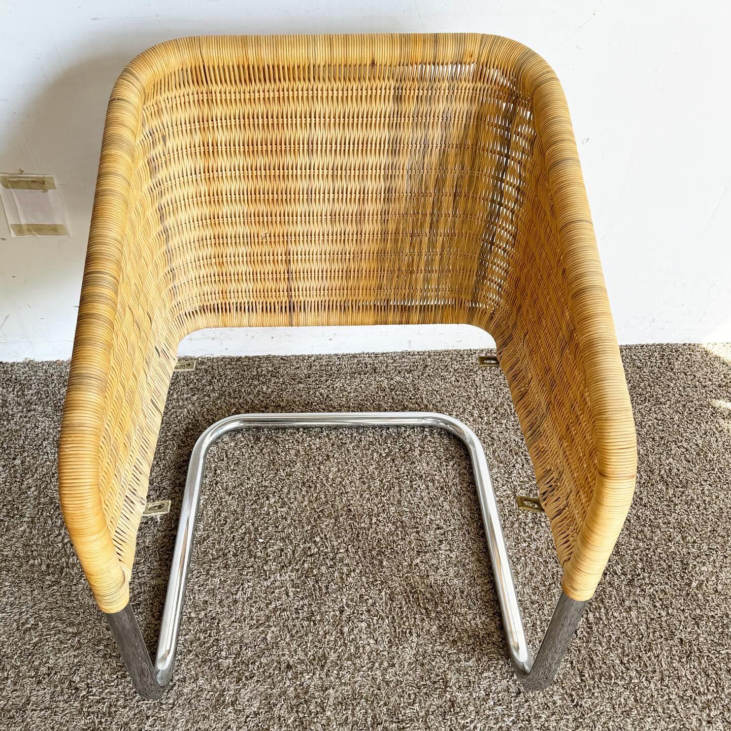 Bohemian Mid Century Modern Boho Chrome and Wicker Cantilever Arm Chair For Sale