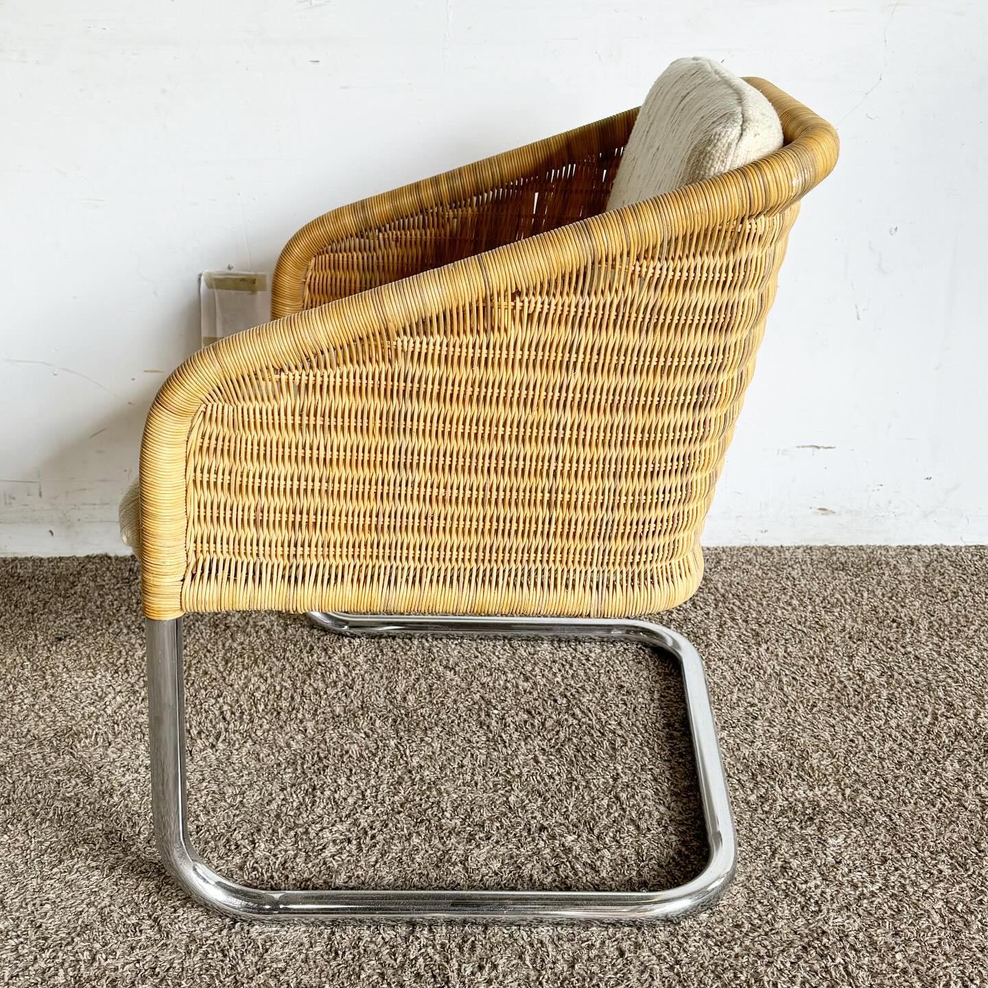 American Mid Century Modern Boho Chrome and Wicker Cantilever Arm Chair For Sale