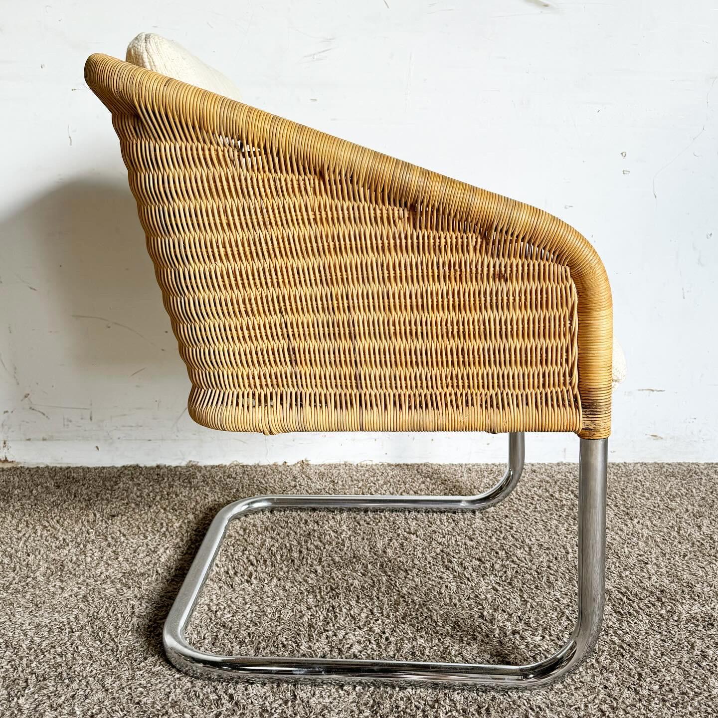 Mid Century Modern Boho Chrome and Wicker Cantilever Arm Chair In Good Condition For Sale In Delray Beach, FL