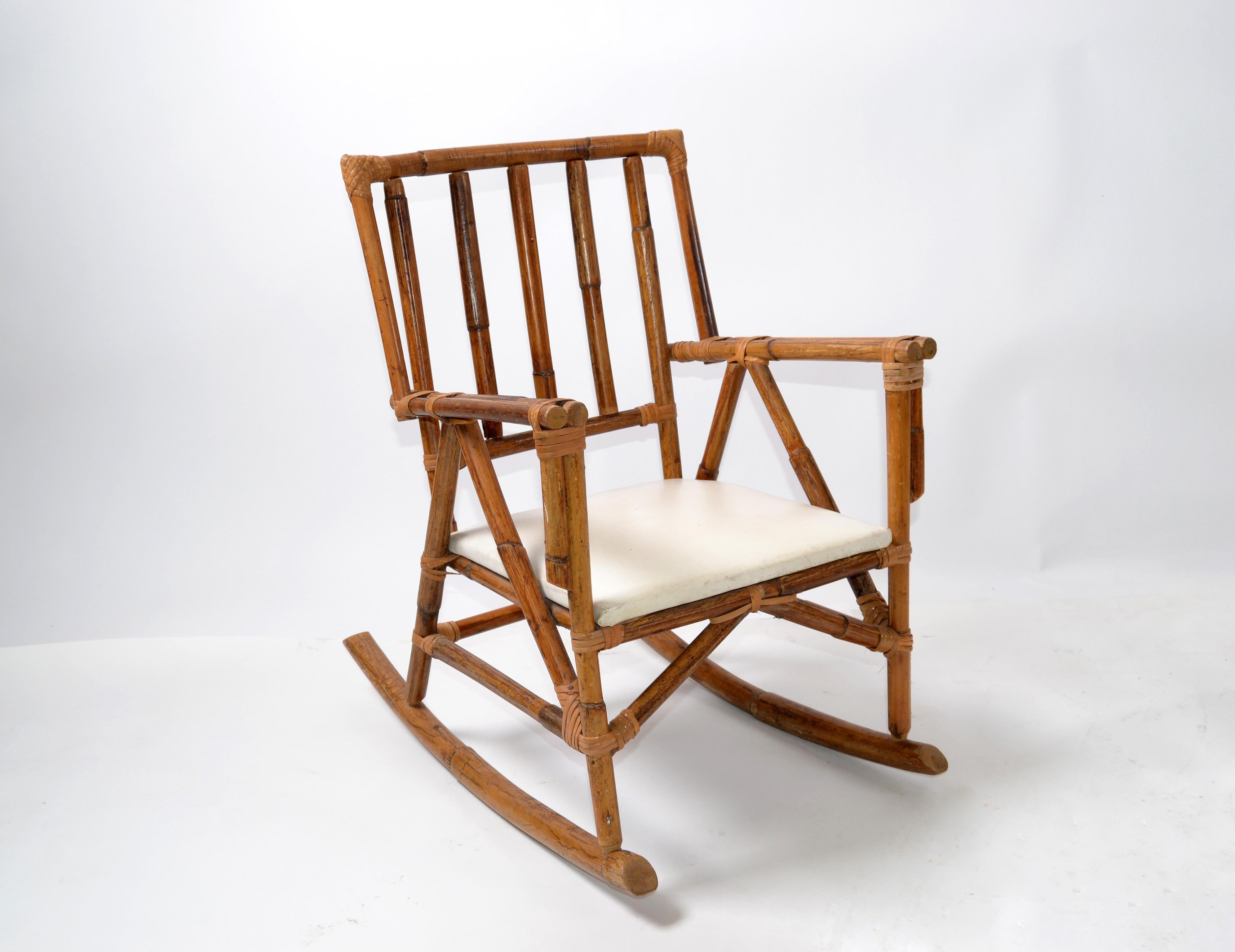 20th Century Mid-Century Modern Boho Style Bamboo and Vinyl Children Rocking Chair For Sale