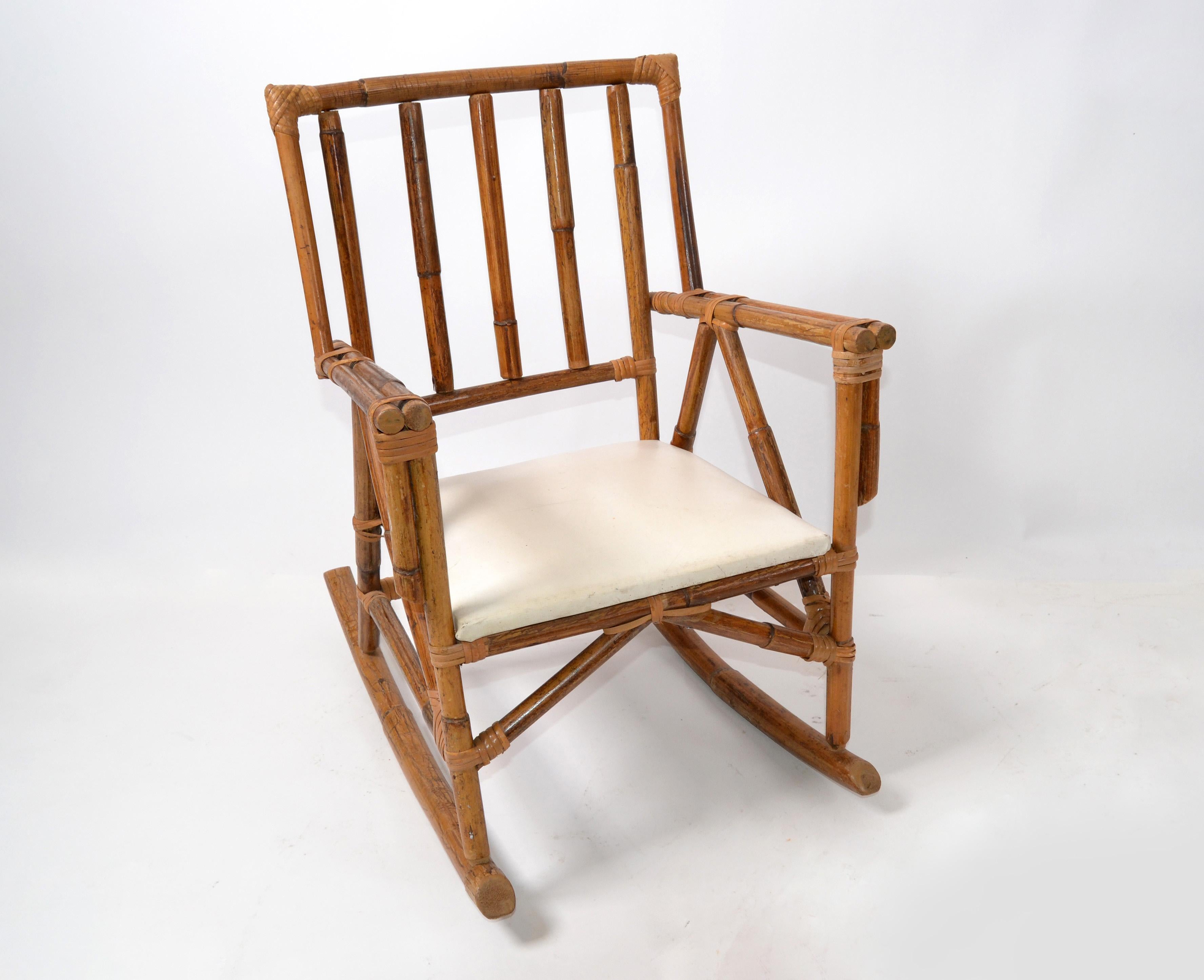 Mid-Century Modern Boho Style Bamboo and Vinyl Children Rocking Chair For Sale 1