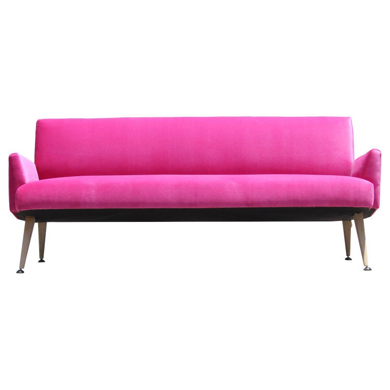 MidCentury Modern Bold Pink Velvet Sofa with Bleached Walnut Tapered
