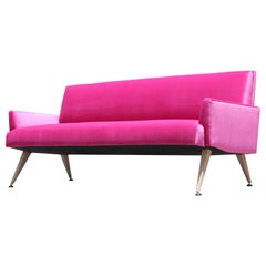 Mid-Century Modern Bold Pink Velvet Sofa with Bleached Walnut Tapered Legs