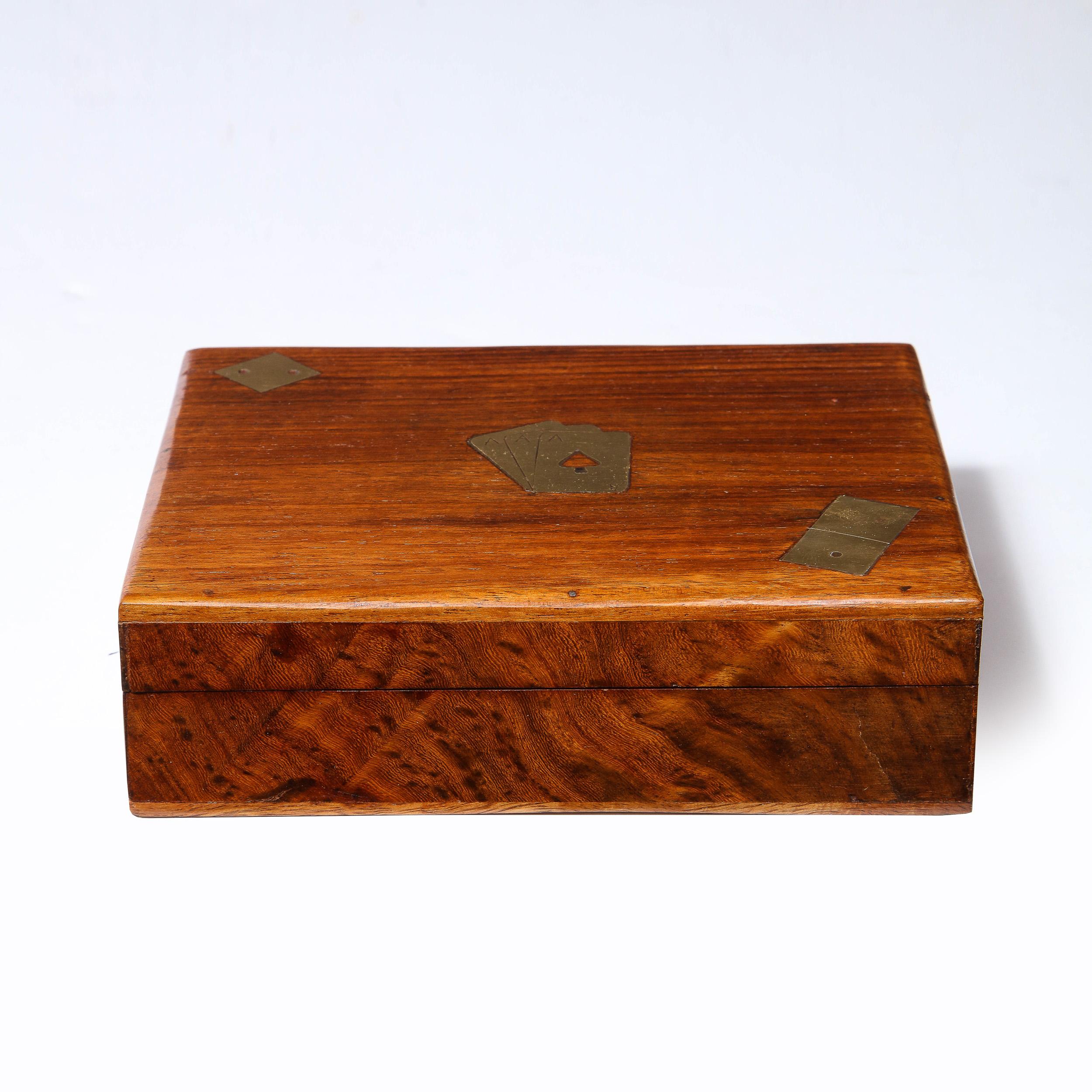 Mid-20th Century Mid Century Modern Bookmatched Walnut & Brass Inlay Game/ Playing Card Box
