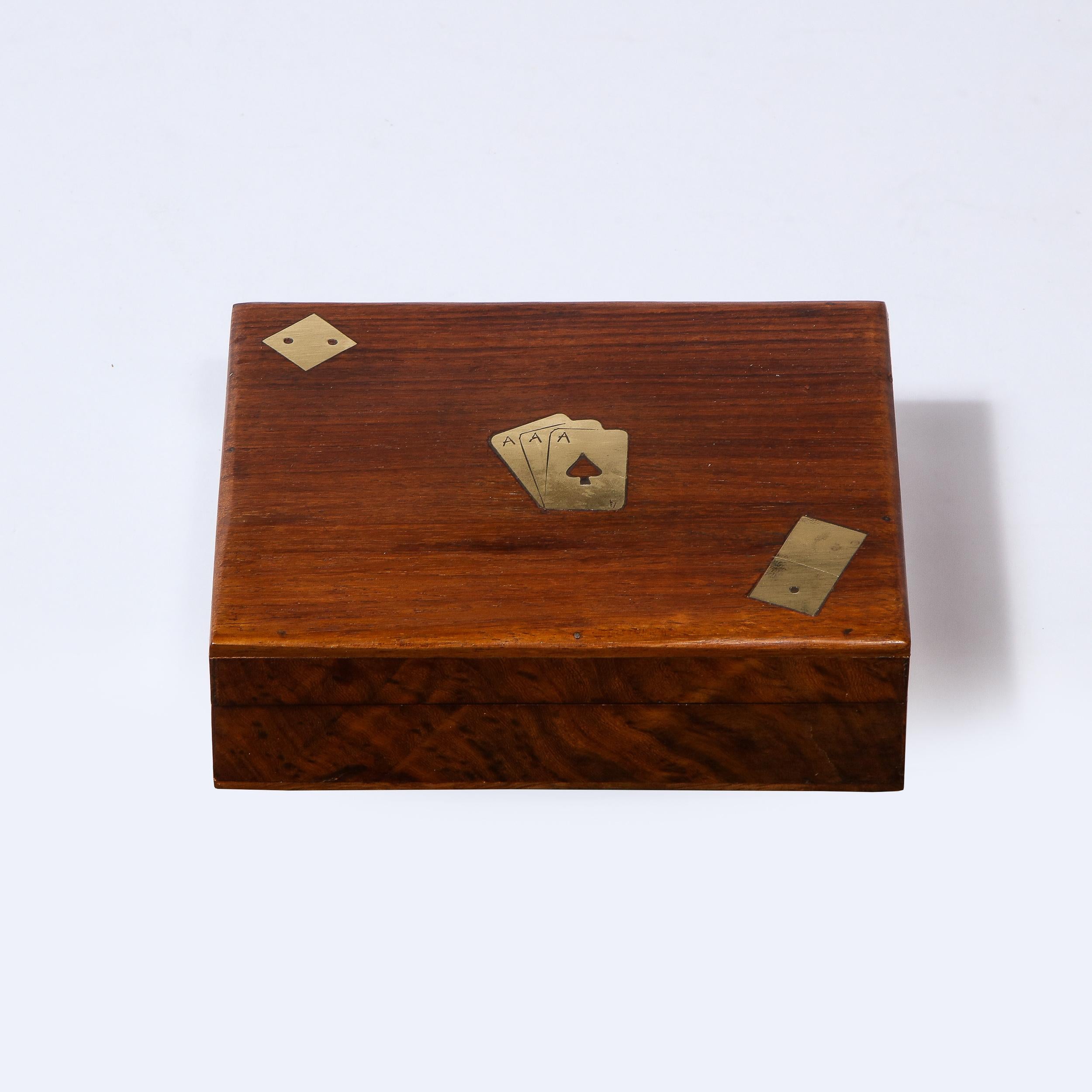 Mid Century Modern Bookmatched Walnut & Brass Inlay Game/ Playing Card Box 1