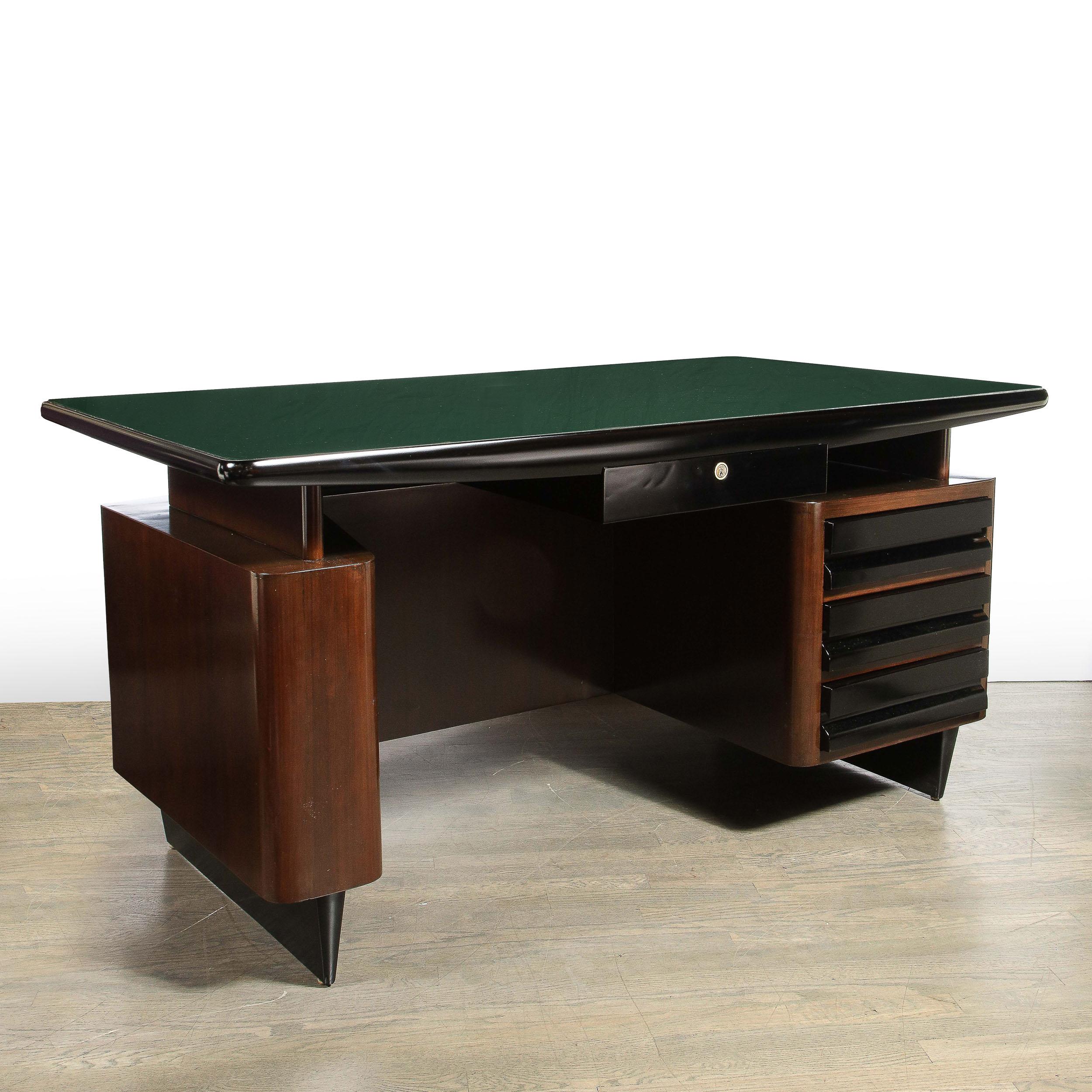 Mid-Century Modern Bookmatched Walnut, Green Vitrolite & Black Lacquer Desk In Good Condition In New York, NY