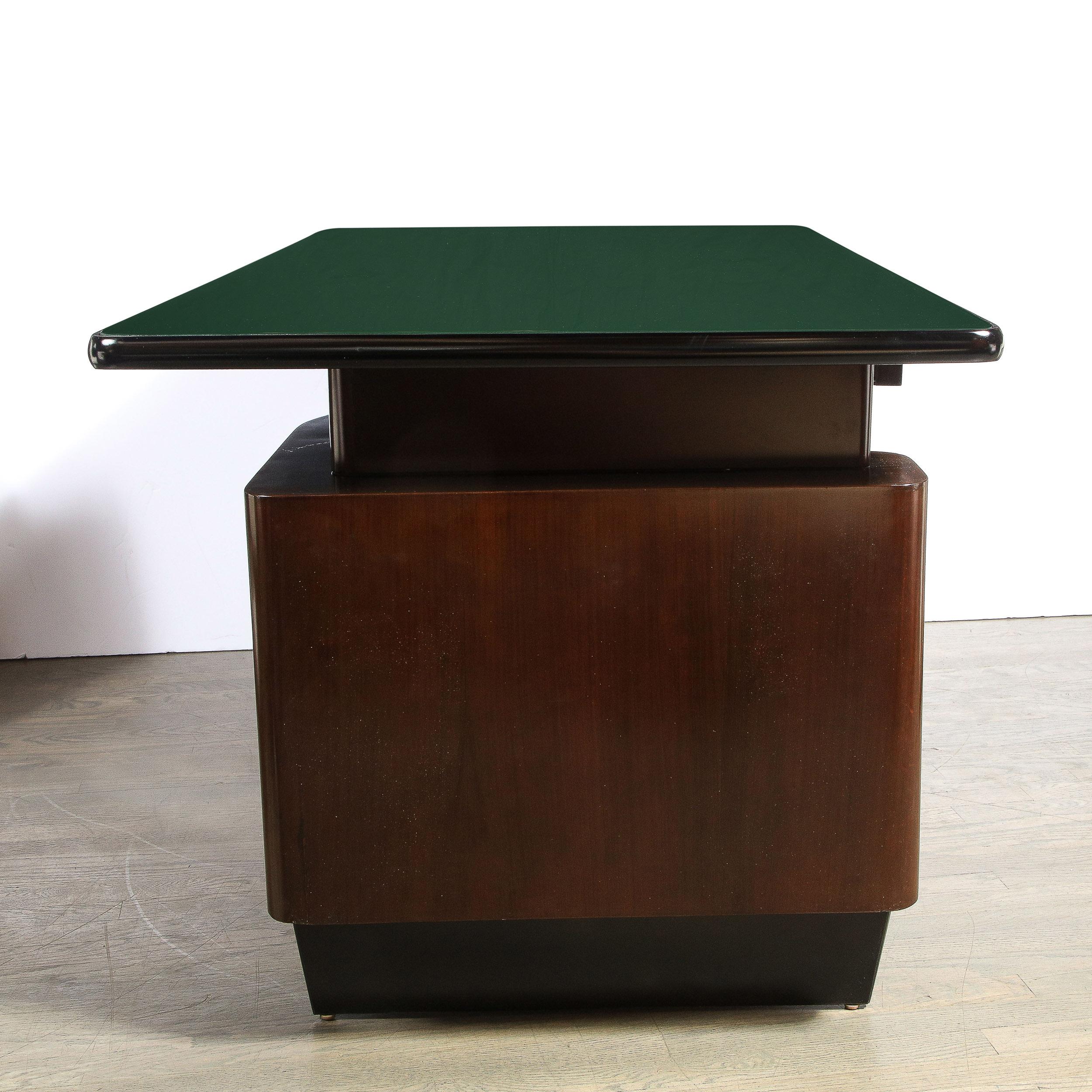 Mid-20th Century Mid-Century Modern Bookmatched Walnut, Green Vitrolite & Black Lacquer Desk