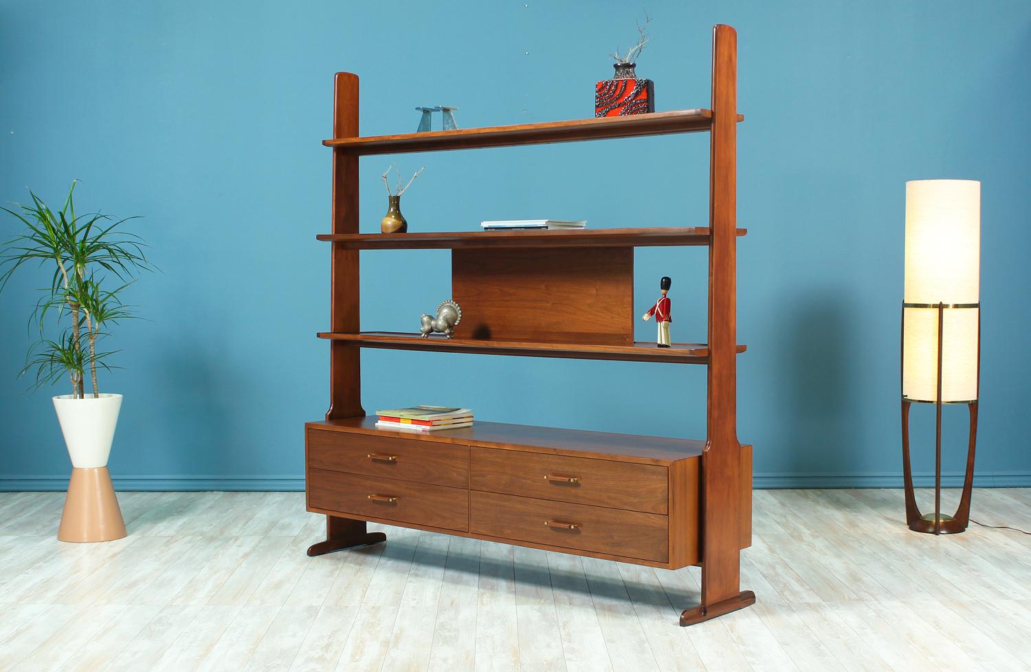Designer: Unknown
Manufacturer: Unknown
Country of origin: United States
Date of manufacture: 1950-1959
Materials: Walnut wood
Period style: Mid-Century Modern

Condition: Excellent
Extra conditions: Newly refinished
Dimensions: in H x in W