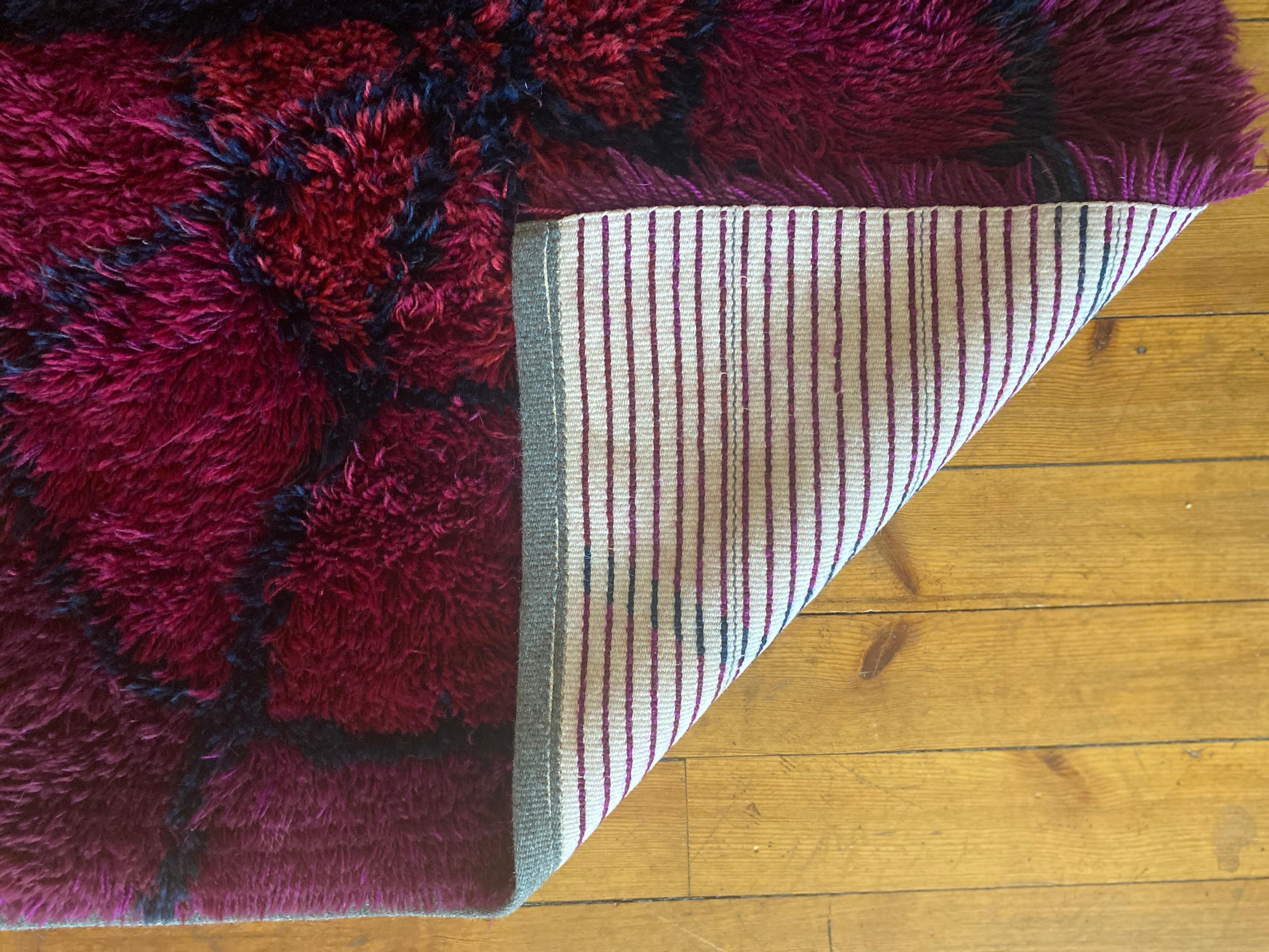 Mid-century Modern Bordeaux Red Rya Rug by Gull-Britt Johansson for NIAB, Sweden For Sale 5