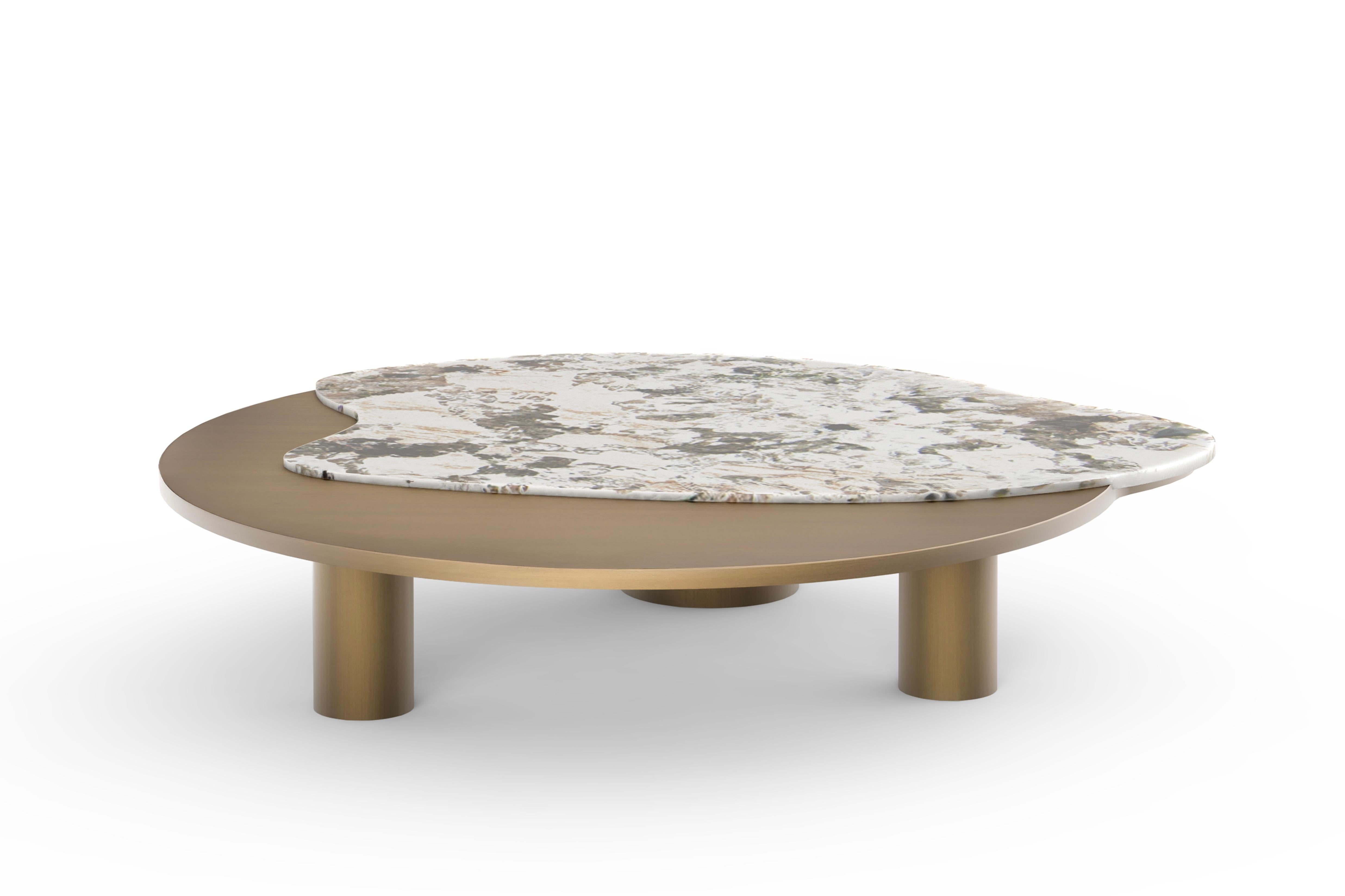 Portugais Table basse Bordeira mi-siècle moderne, onyx, laiton, chêne, fabriquée à la main  Greenapple en vente