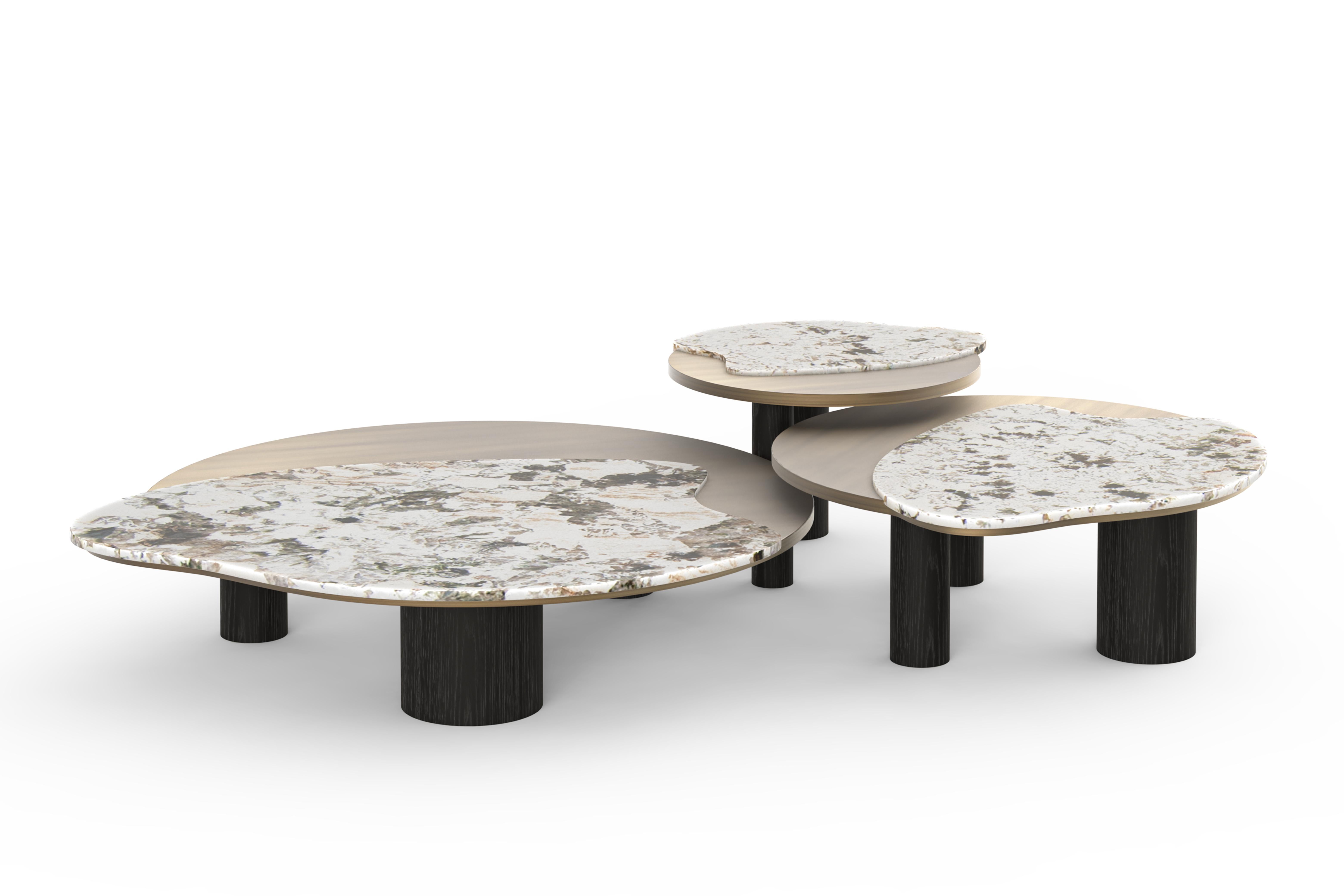 Hand-Crafted Mid-Century Modern Bordeira Nesting Coffee Tables, Onyx, Brass, Oak, Greenapple For Sale
