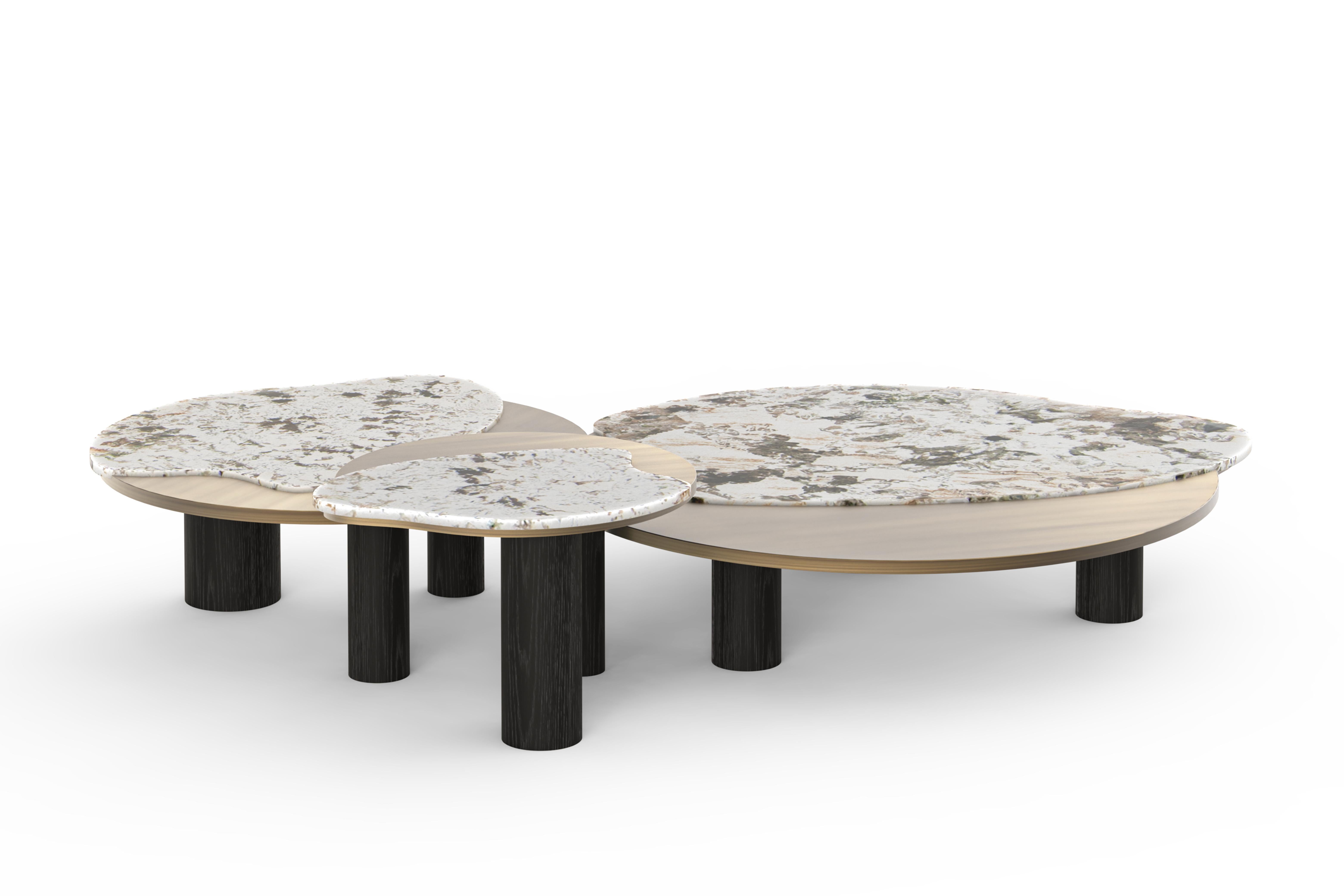 Mid-Century Modern Bordeira Nesting Coffee Tables, Onyx, Brass, Oak, Greenapple In New Condition For Sale In Lisboa, PT