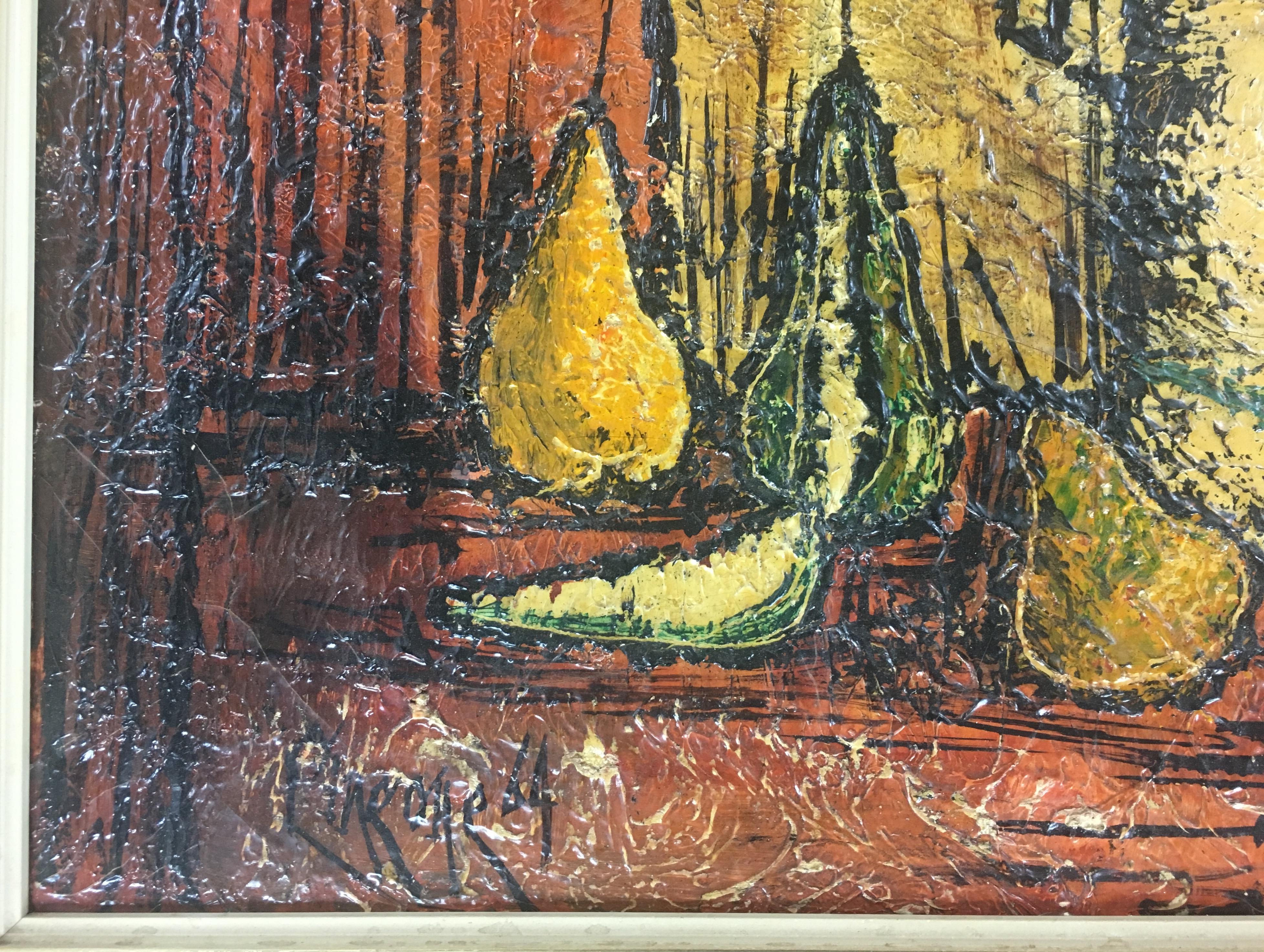 A framed oil on canvas painting by a French artist. Untitled, signed and dated 1964. 
Signature appears to be C. Marone. 

This superb example in the like of Bernard Buffet's work is in absolute original in very good condition. It has very vibrant