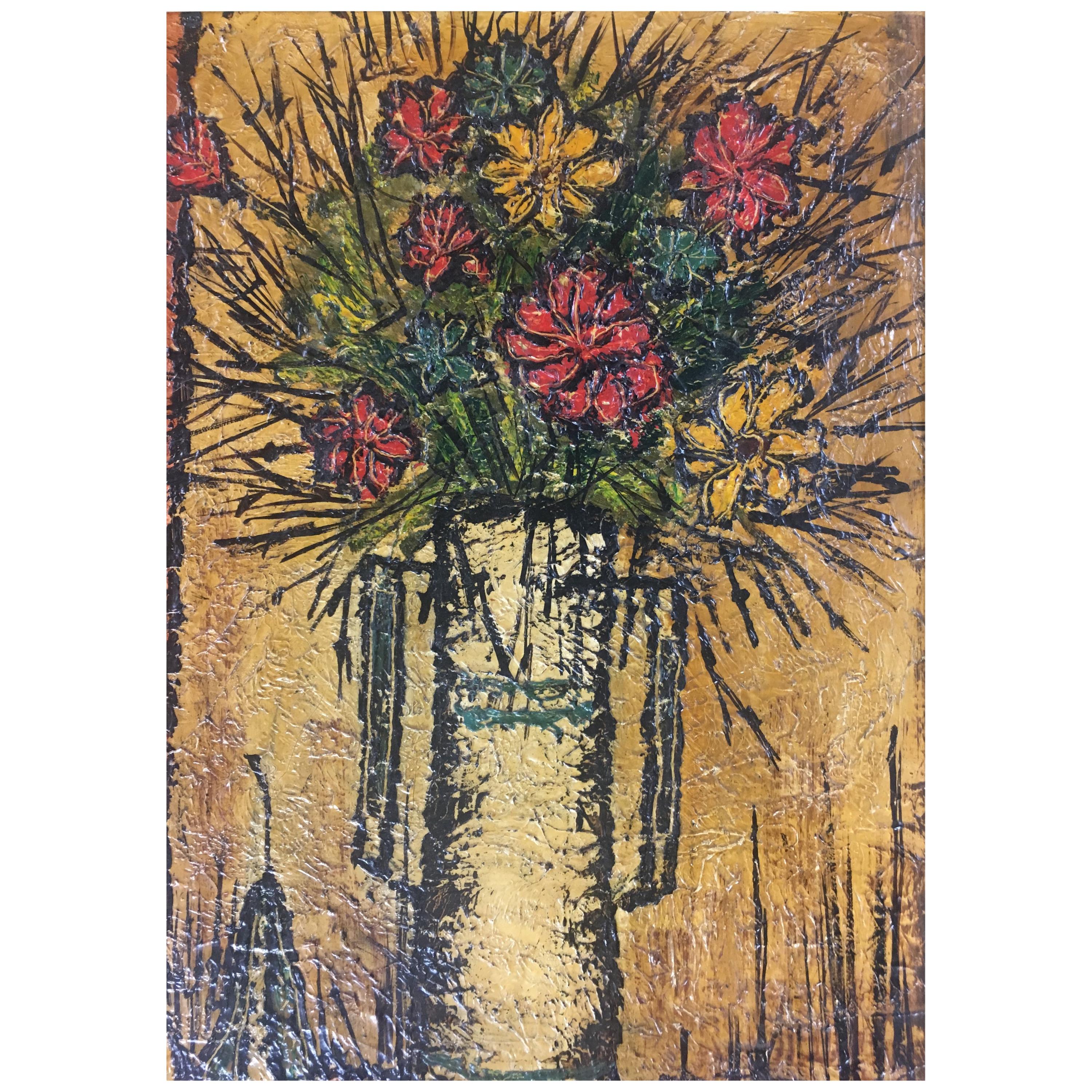 Bernard Buffet Style Midcentury Painting Bouquet of Flowers, Signed