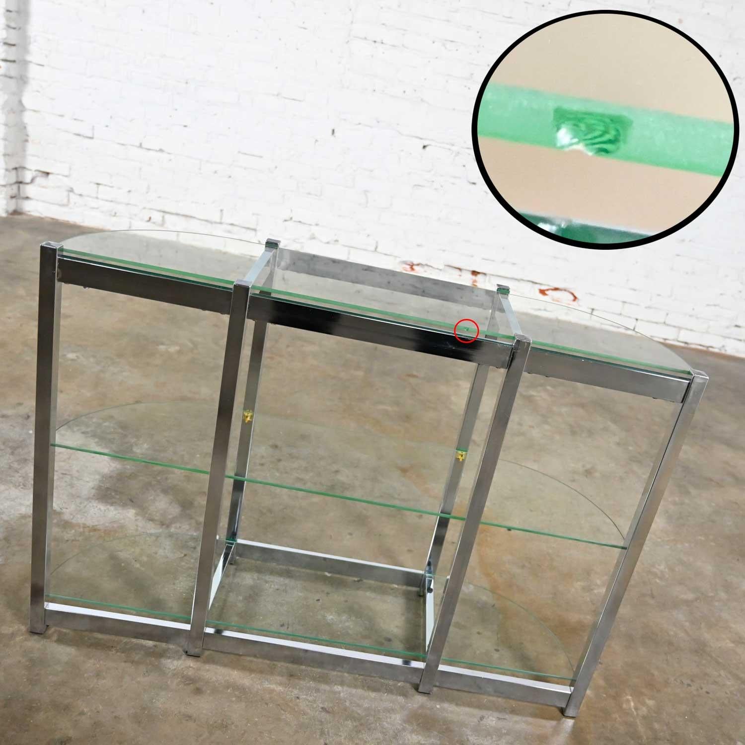 Mid-Century Modern Bow Shape Chrome Sofa Console Table 3 Glass Shelves Style DIA 11