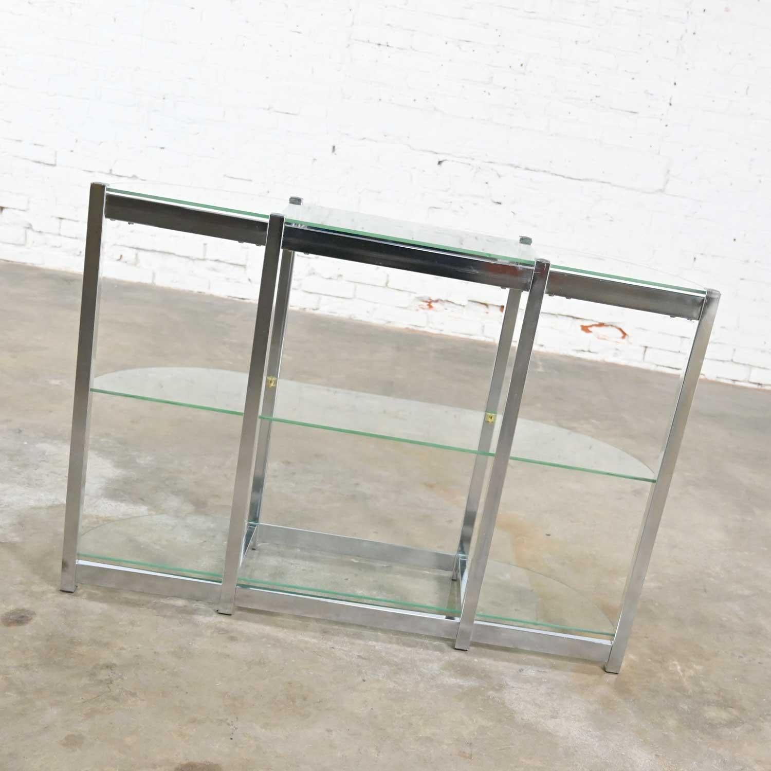 Mid-Century Modern Bow Shape Chrome Sofa Console Table 3 Glass Shelves Style DIA In Good Condition In Topeka, KS