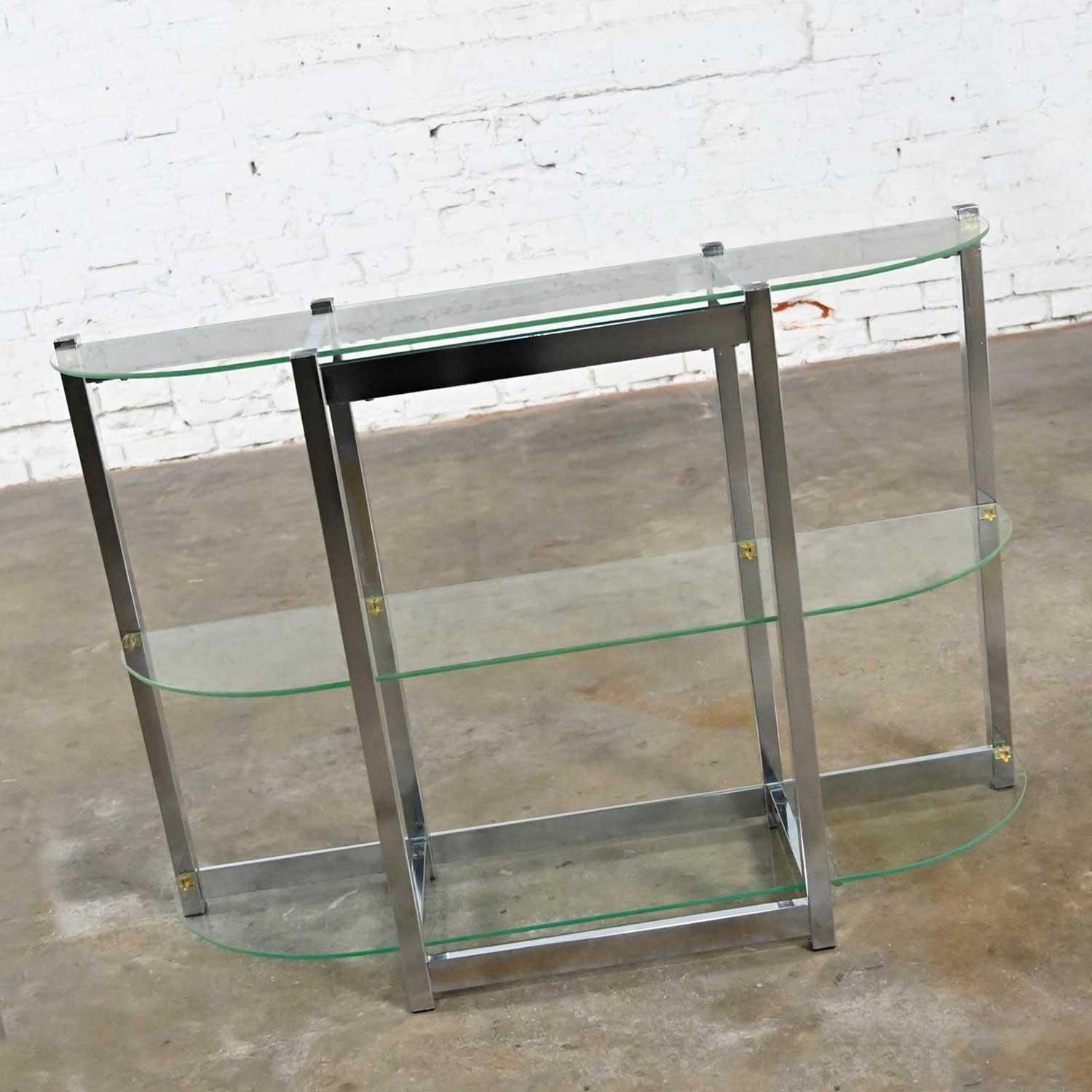 Mid-Century Modern Bow Shape Chrome Sofa Console Table 3 Glass Shelves Style DIA 3