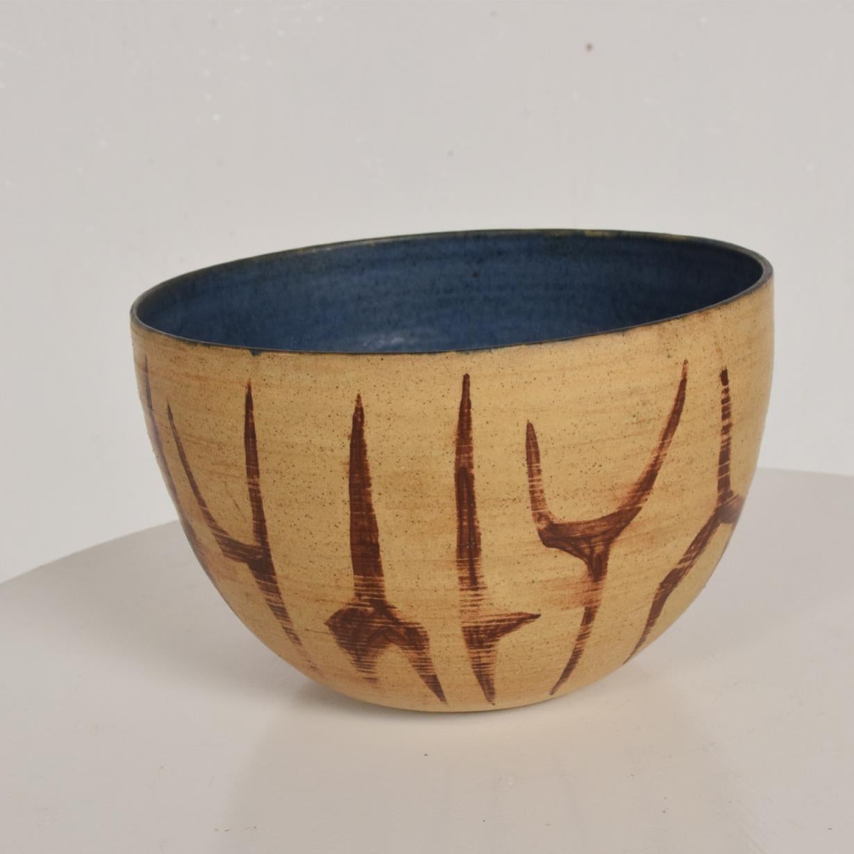 American Mid-Century Modern Bowl with Beautiful Decoration, Earth Tones with Blue Inside