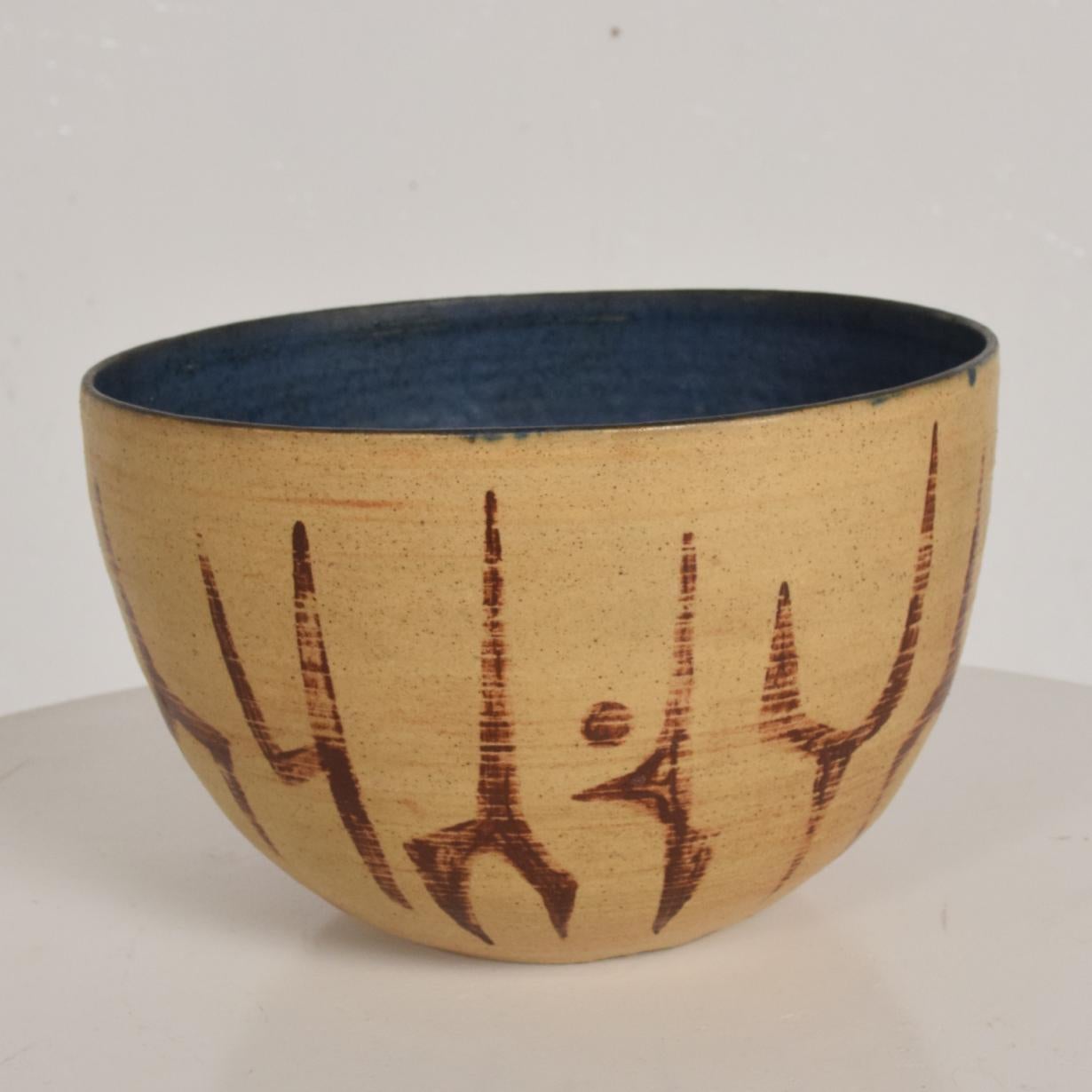 Mid-20th Century Mid-Century Modern Bowl with Beautiful Decoration, Earth Tones with Blue Inside