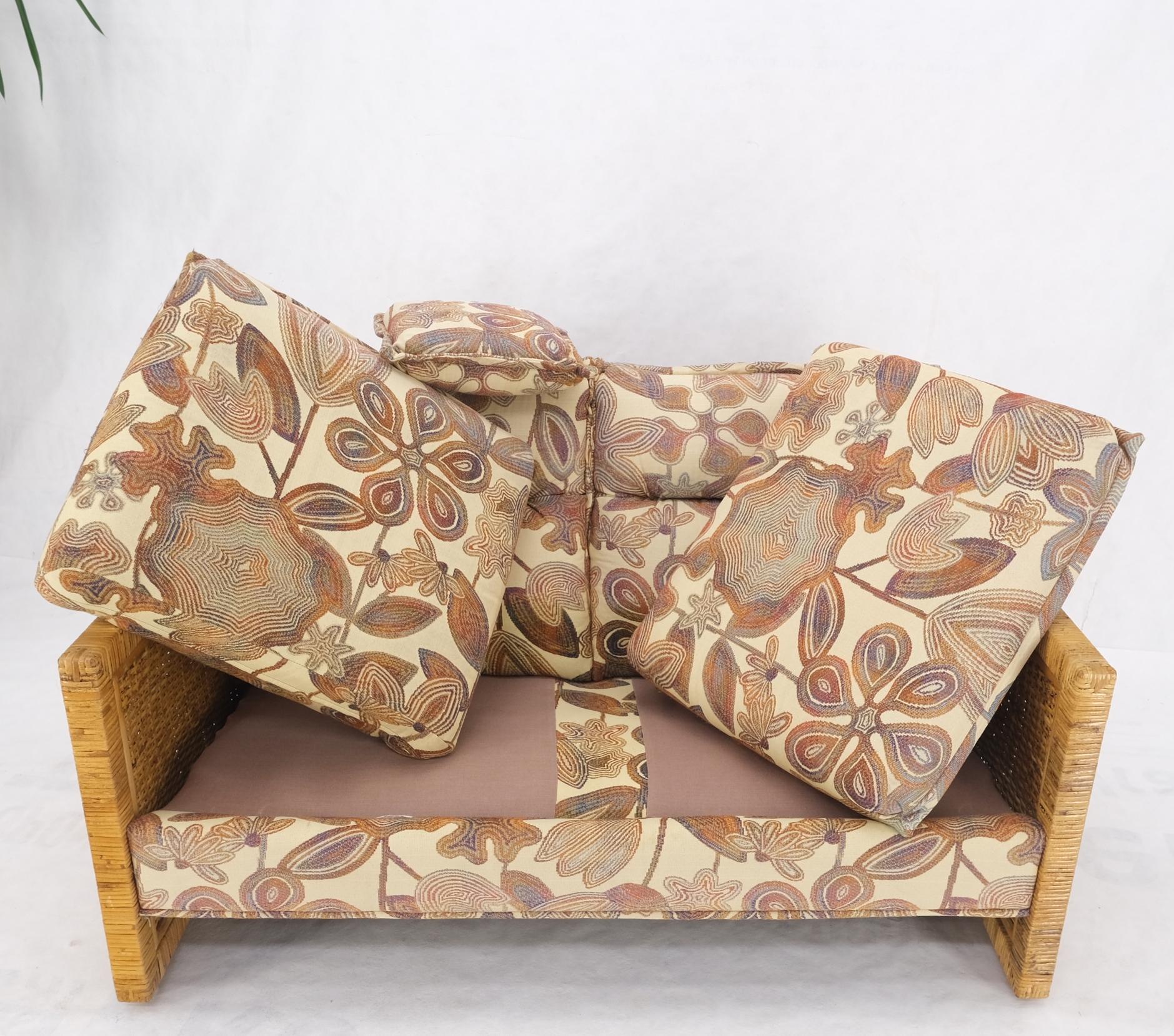 Upholstery Mid-Century Modern Box Shape Rattan Cane Bamboo Loveseat Sofa Settee Mint! For Sale