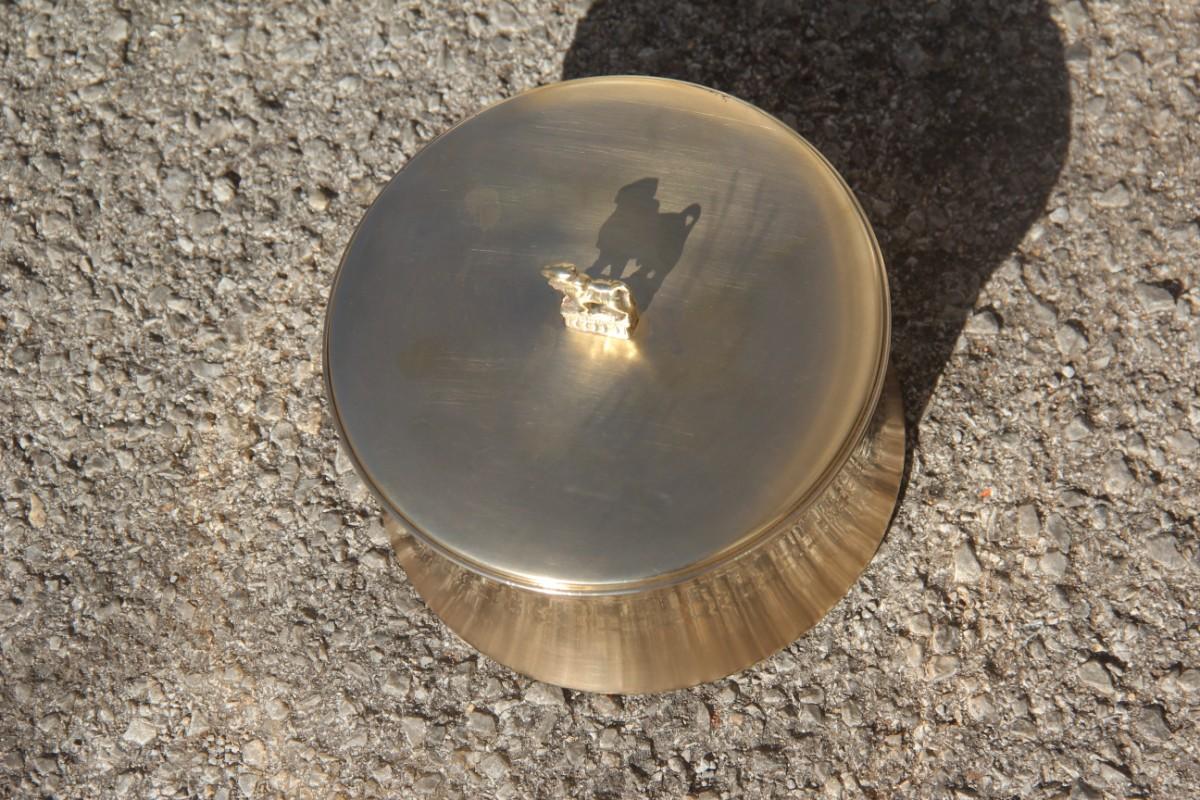 Mid-Century Modern box solid brass with lid Italian design 1950s round form, bull sculpture.