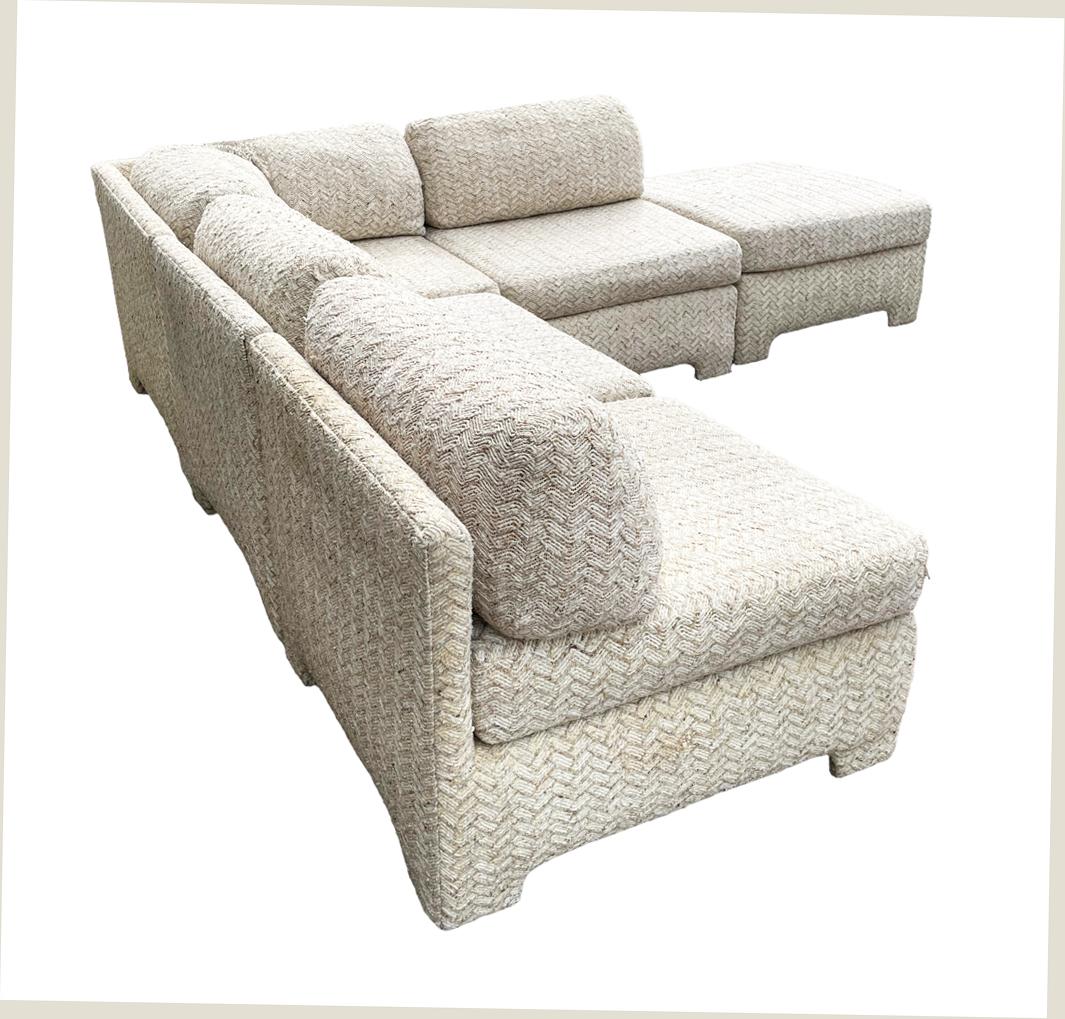 Fabric Mid Century Modern Boxy Modular Parsons Style L Shaped Sofa with Chaise Lounge For Sale