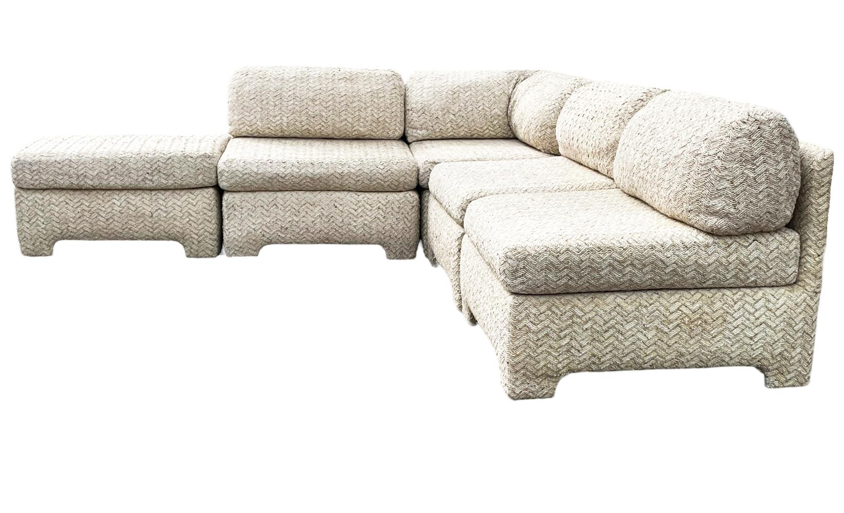Mid Century Modern Boxy Modular Parsons Style L Shaped Sofa with Chaise Lounge For Sale 1