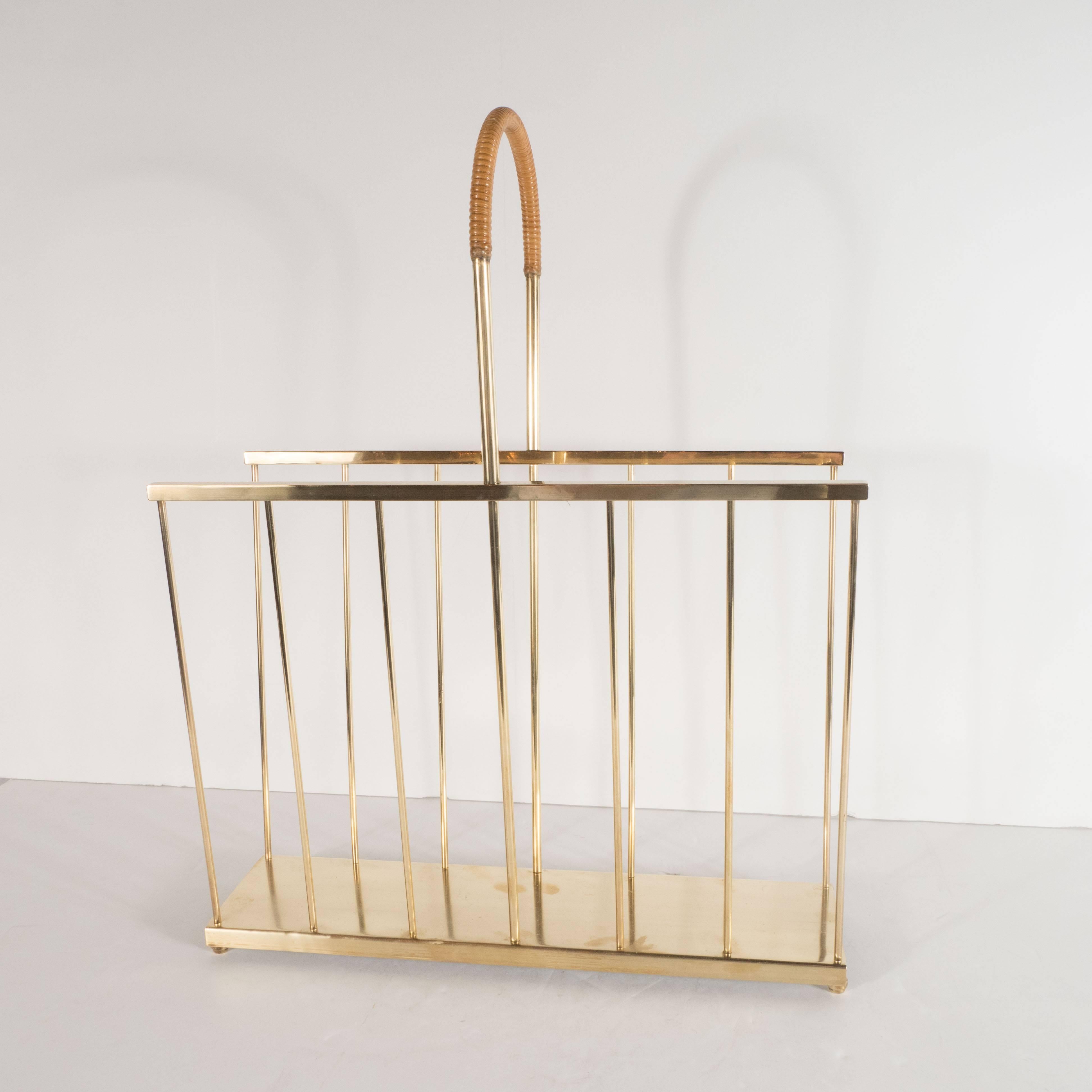 American Mid-Century Modern Brass and Wrapped Rattan Magazine Stand by Maxwell Phillips