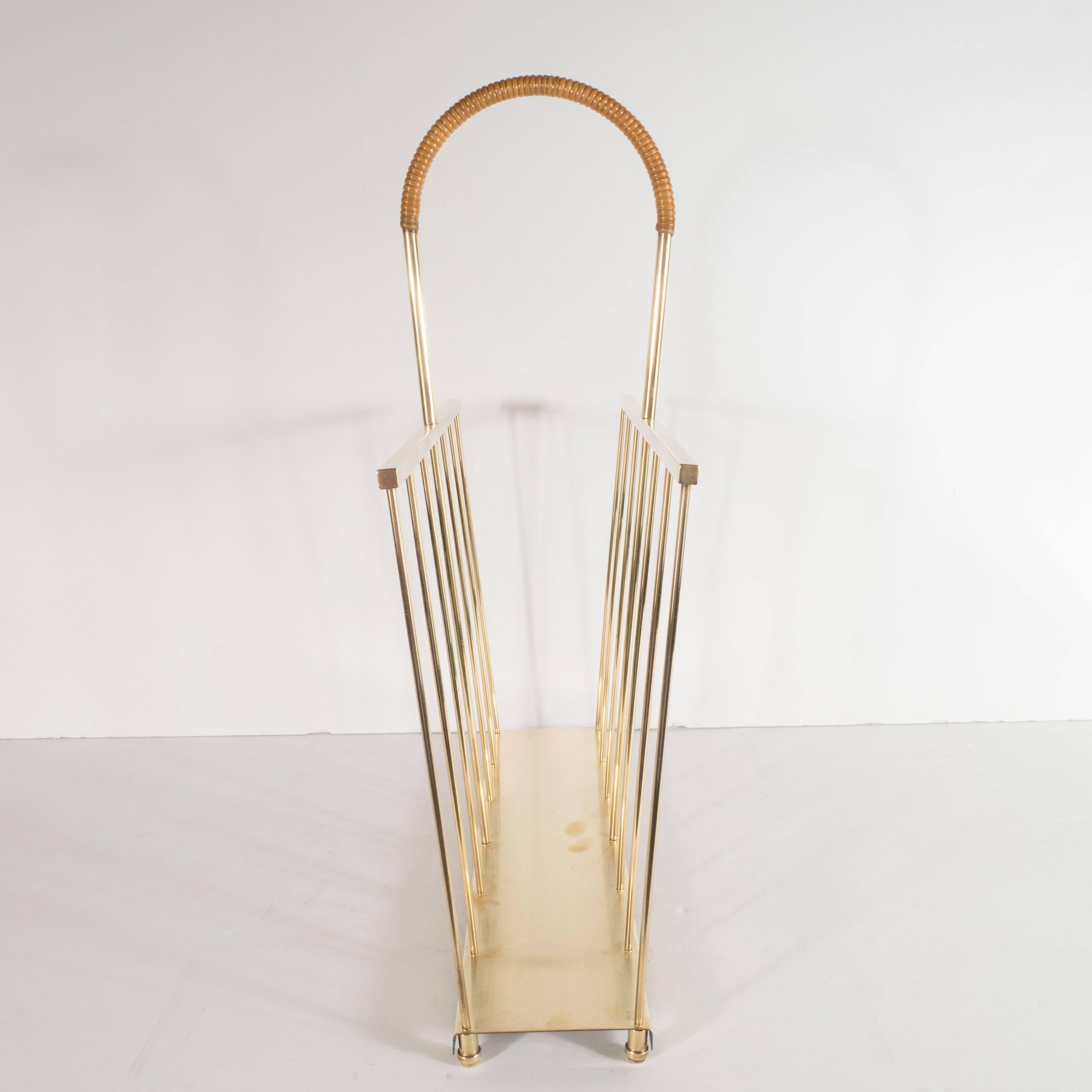 Mid-Century Modern Brass and Wrapped Rattan Magazine Stand by Maxwell Phillips In Excellent Condition In New York, NY