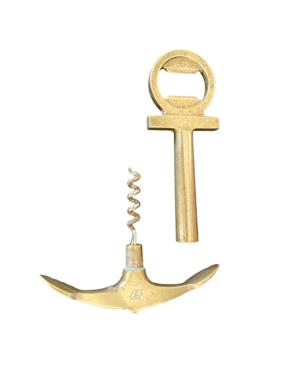 Mid-Century Modern anchor-form bottle opener / corkscrew of solid brass with a steel corkscrew concealed in the shank.