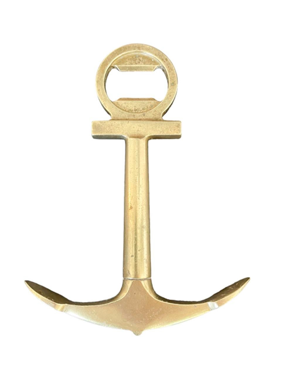 Mid-Century Modern Brass Anchor-Form Corkscrew /Bottle Opener In Good Condition In Nantucket, MA