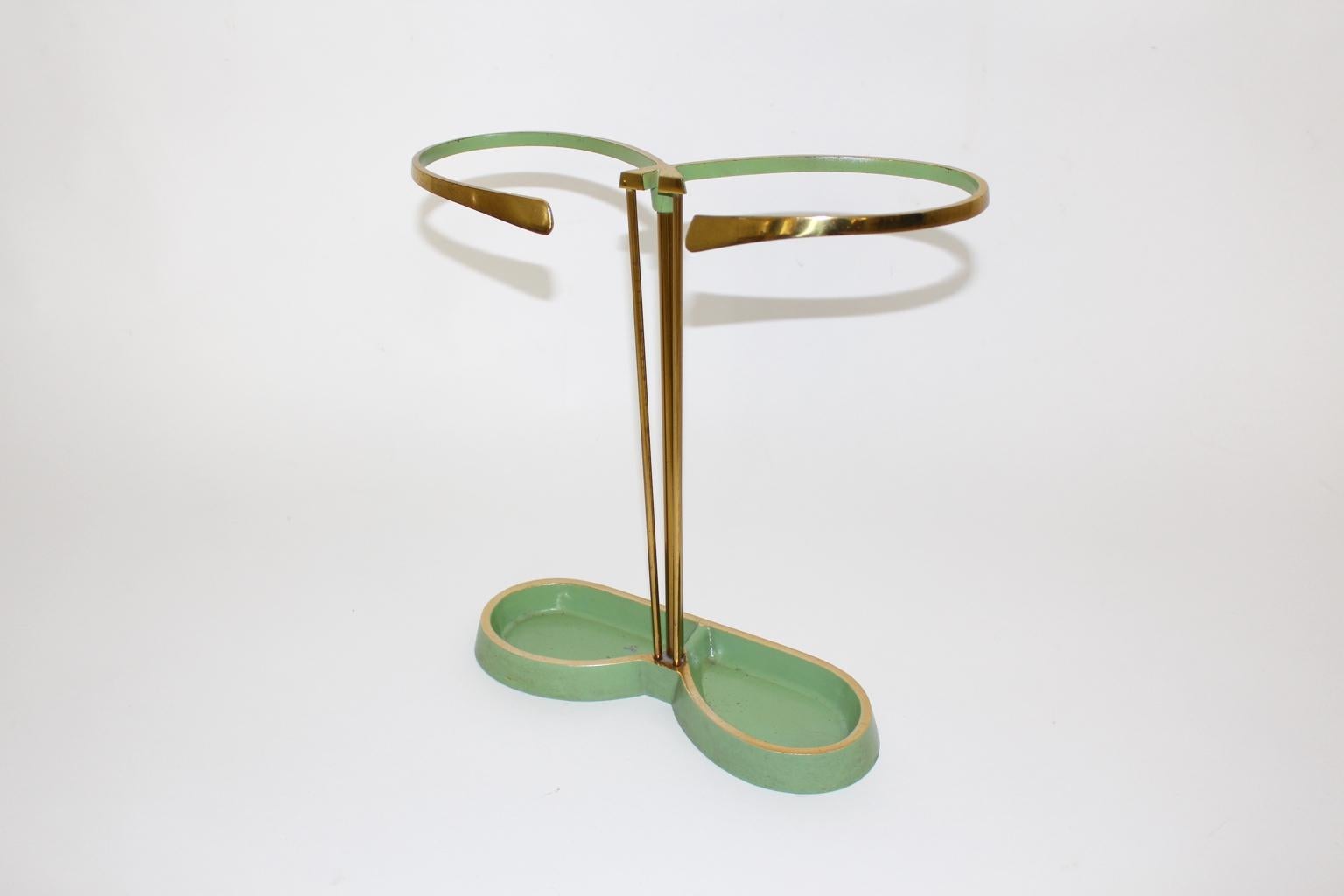 Austrian Mid-Century Modern Vintage Green Brass Aluminium Umbrella Stand Cane Holder 1950 For Sale